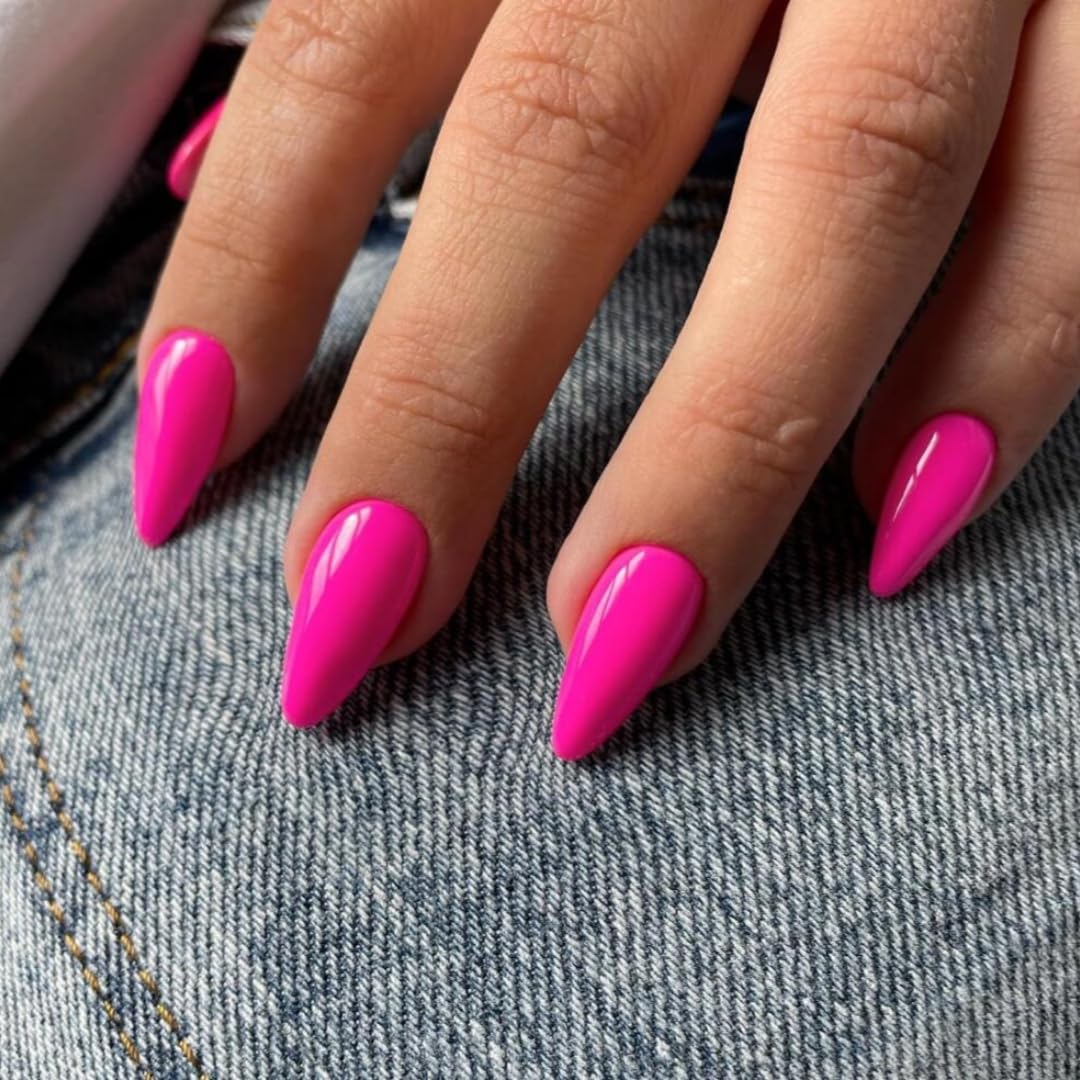 KQueenest Soft Gel Press on Nails Almond Medium, Hot Pink False Nails Almond, Glossy Vibrant Bright Pink Fake Nails Set - Image 3