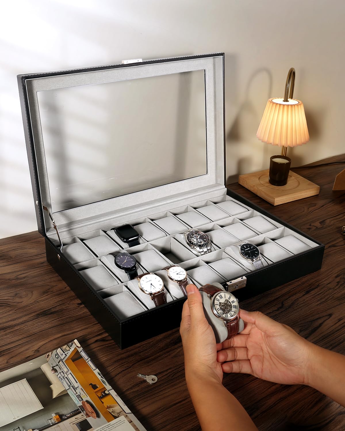 Mbuynow Uhrenbox 24 Uhren Uhrenkoffer Herren Uhrenbox Damen Uhrenkasten Herren Uhrenvitrine abschließbar für 24 Uhren aus kunstleather