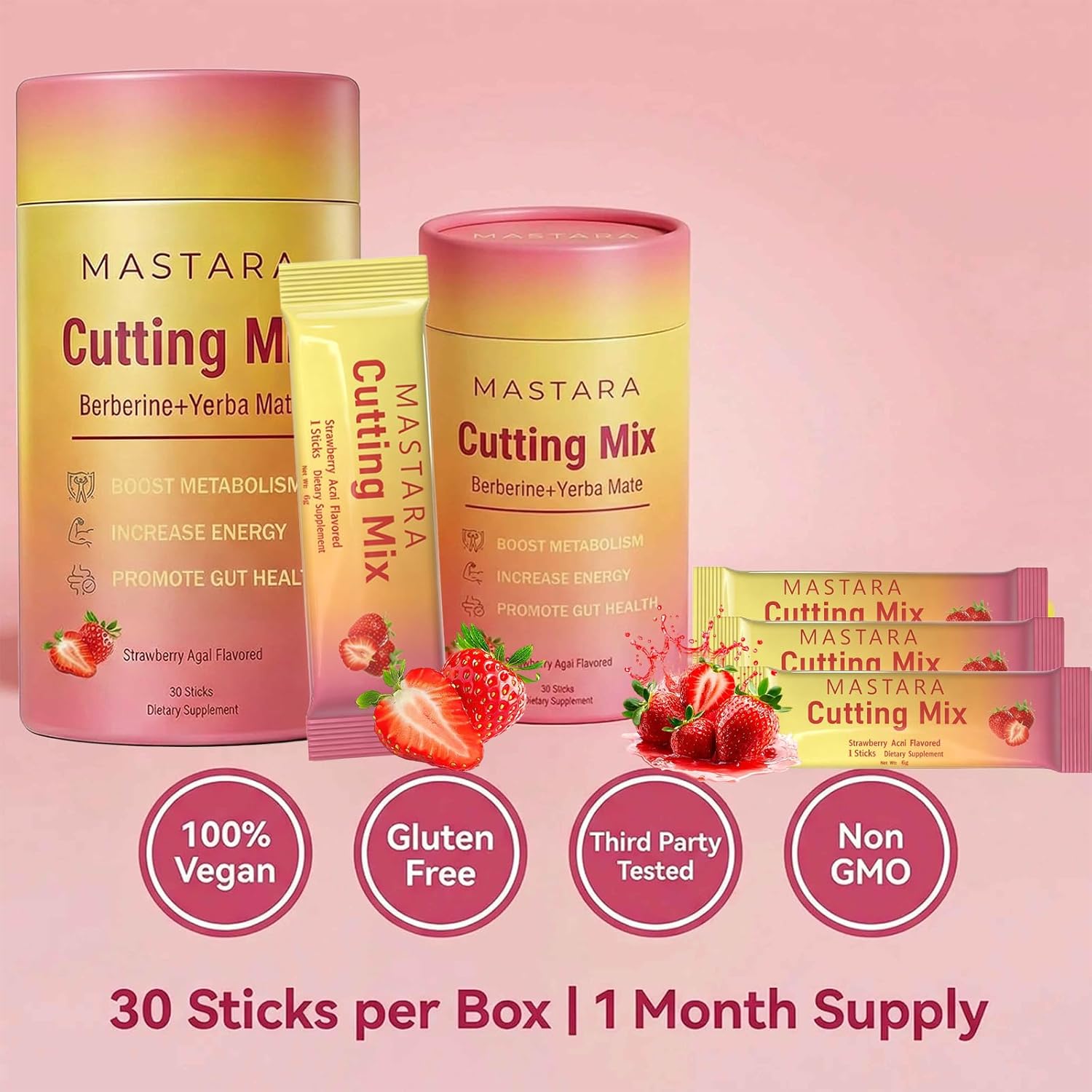 Mastara Berberine & Yerba Mate Cutting Mix – Strawberry Açaí, Non-GMO, Supports Wellness Routine, 30 Single-Serve Sticks