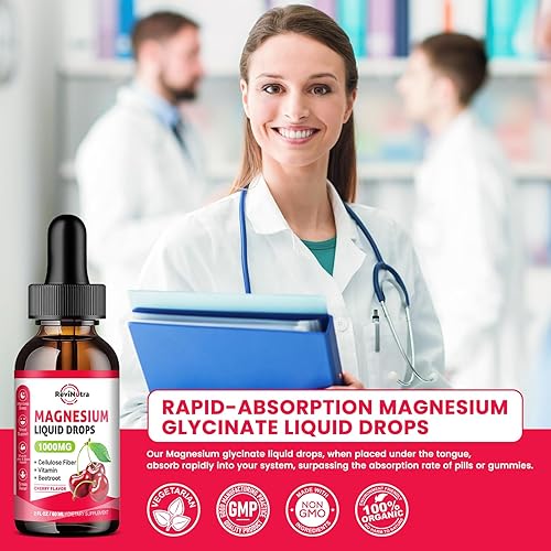 Miniatura 7 de Gotas líquidas de glicinato de magnesio, 1000 mg de glicinato de magnesio, citrato y taurato con fibra, remolacha, vitamina B y C para dormir,