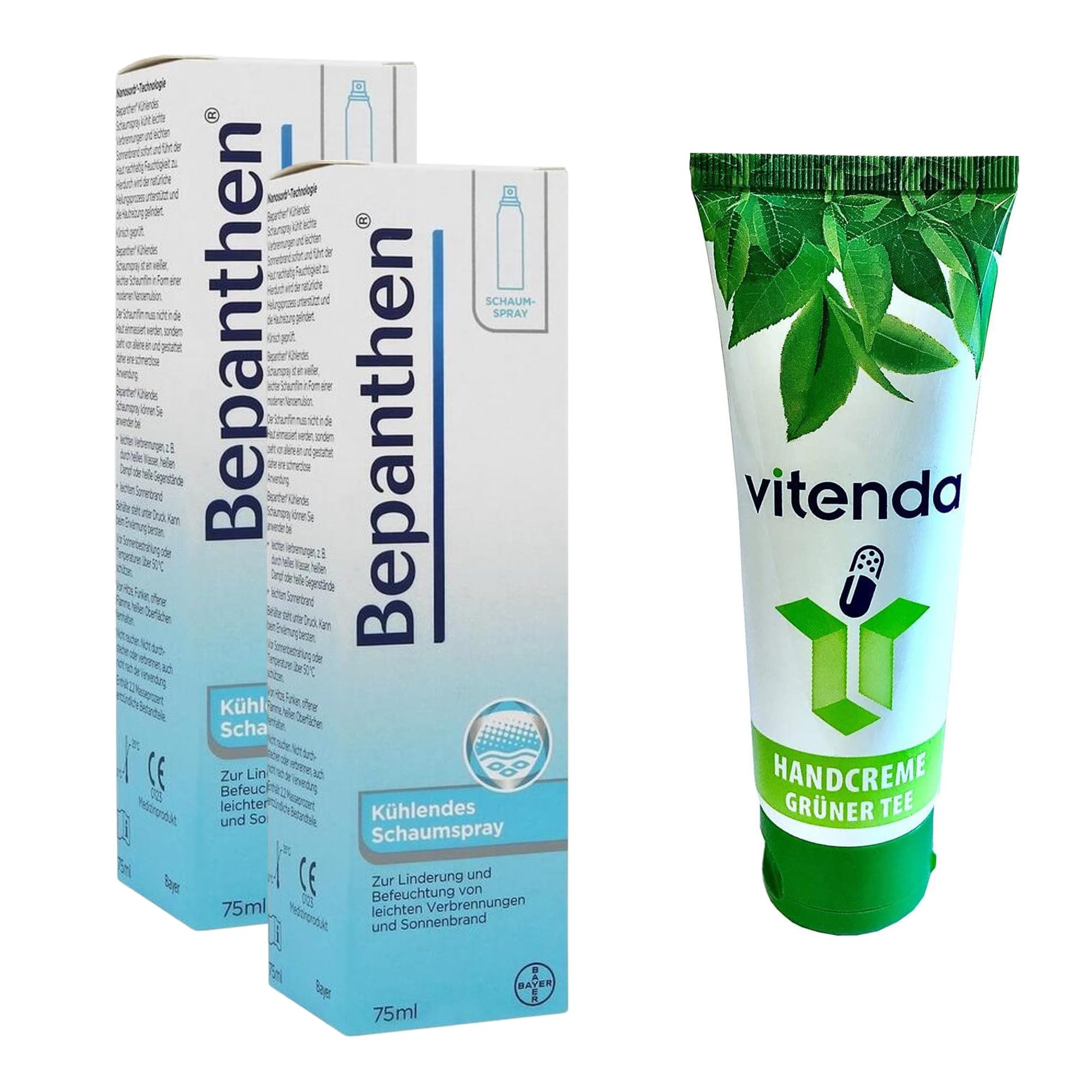 Set: Kühlendes Schaumspray mit Bepanthen bei leichten Verbrennungen & Sonnenbrand, mit Dexpanthenol, 2x75ml – inkl. vitenda Handcreme