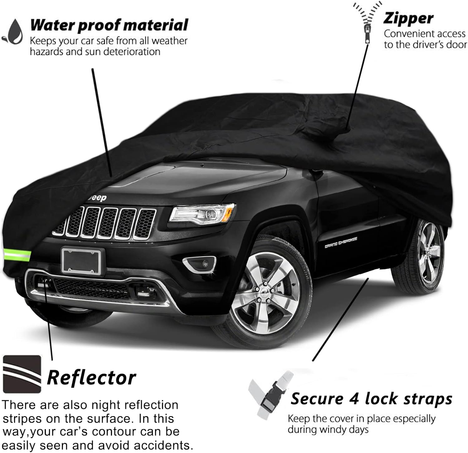 Waterproof Car Covers for 2011-2026 Jeep Grand Cherokee Car Covers 190T Covers Customer Fit 100% Waterproof Windproof Strap & Double Door Zipper Up to 193” L (Black-for Jeep Grand Cherokee)