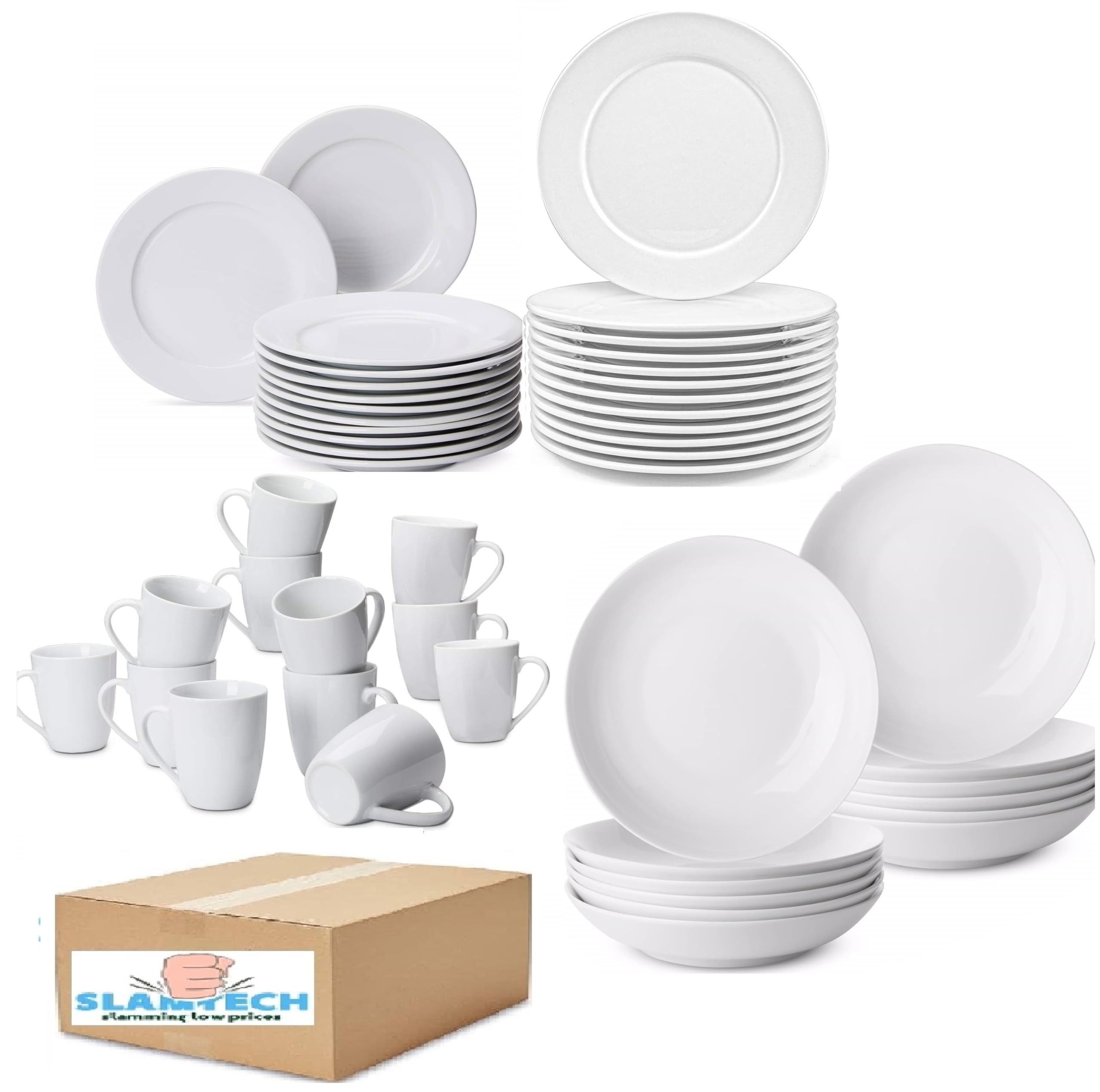 slamtechPorcelain 48-Pieces Dinnerware Large Set, Service for 12, White, 12 Dinner Plates, 12 Side Small Plates, 12 Pasta Bowls and 12 Cups, Party Dinnerware, Dishwasher and Microwave Safe