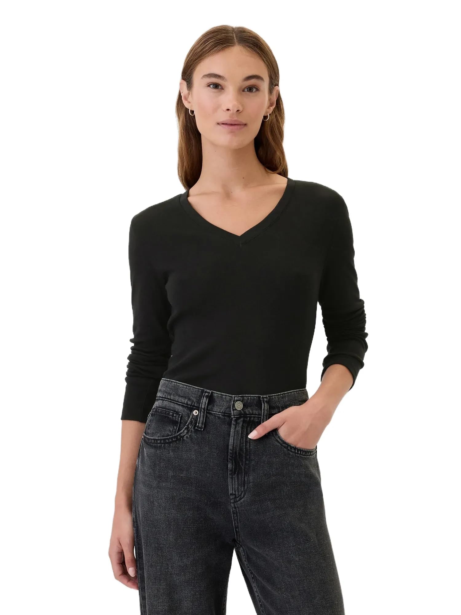GAP Women's Long Sleeve Favorite V-Neck T-Shirt, Black V2, M