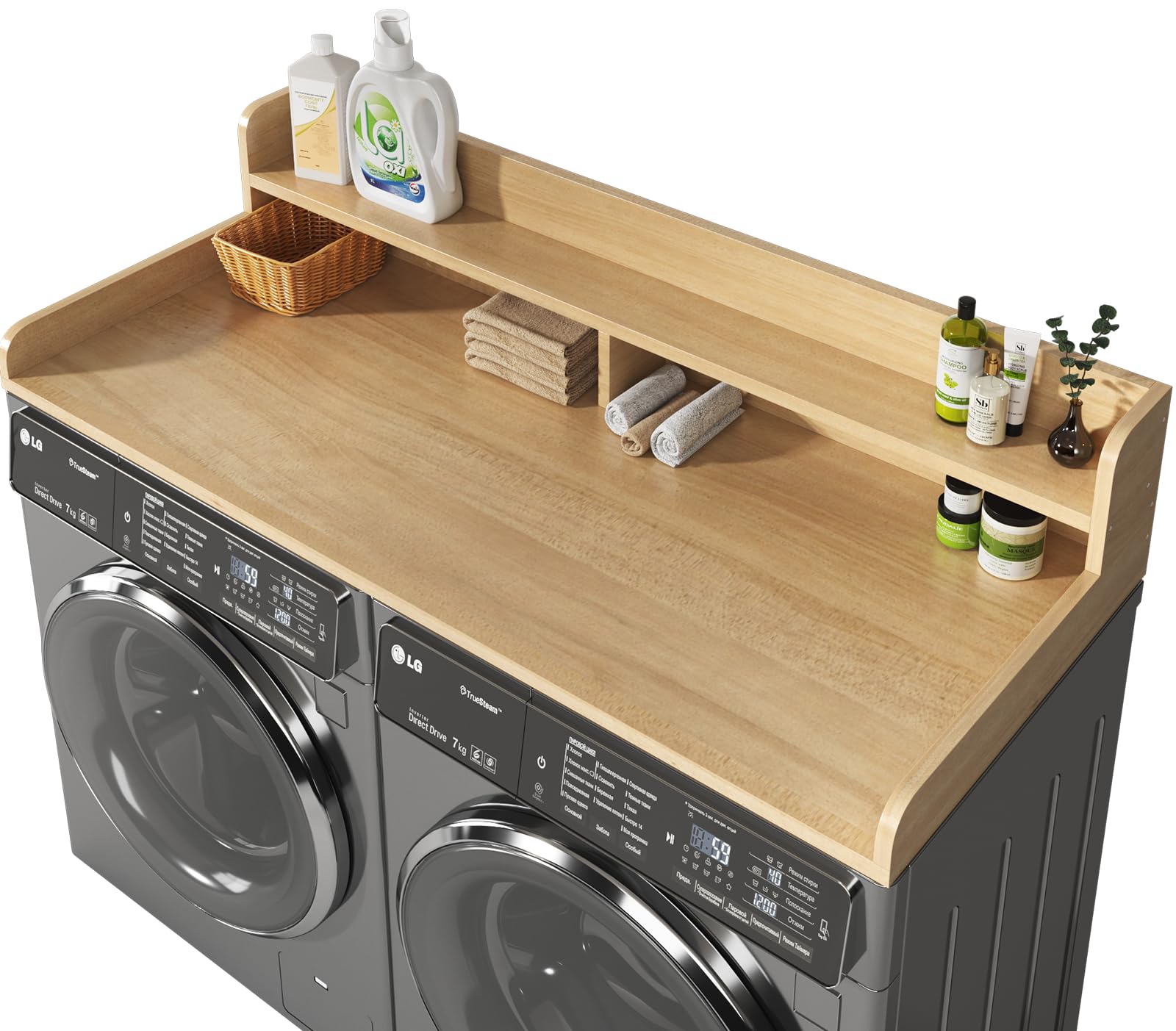 2-Tier Washer and Dryer Countertop,2.75" H Guard,58" W x 28" D Laundry Countertop Cover with Non-Slip Pad,Large Space Laundry Topper for Folding Clothes Over Washer and Dryer-Pure Wood Color