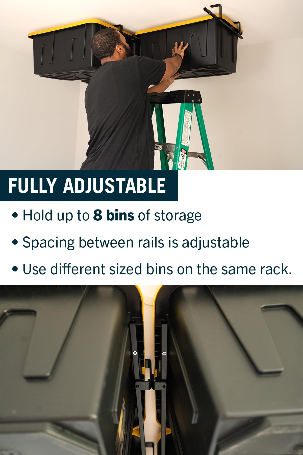 StoreYourBoard Sistema de rieles para contenedores de techo de garaje, rieles deslizantes ajustables, almacenamiento para 4 contenedores, negro