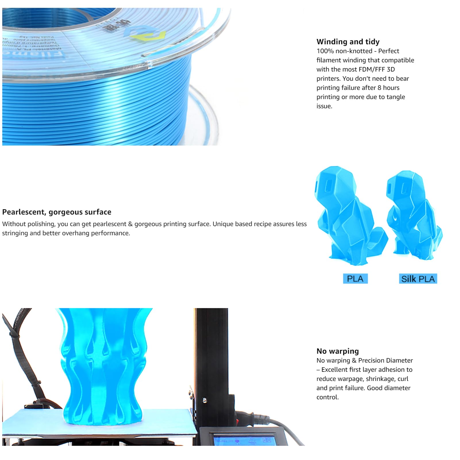 YOUSU Filamento PLA de Seda para Impresora 3D de 1,75 mm, Filamento de Impresora 3D PLA de Seda Dorada, Precisión Dimensional / 0,03 mm, Acabado Metálico Brillante con Paquete (Azul)