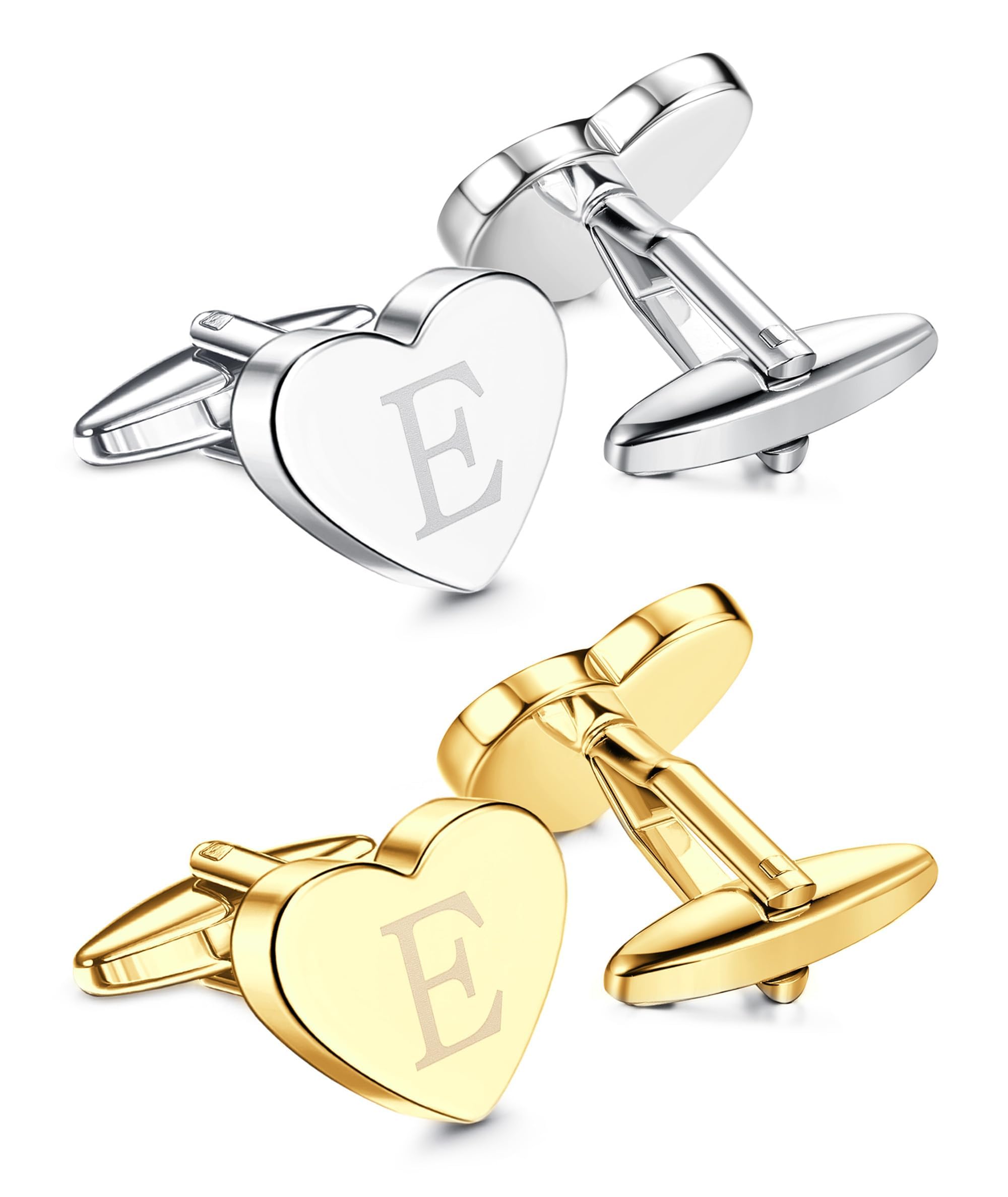 Kakonia 2 Pares Inicial Gemelos Set para Hombres Personalizado Único Corazón Alfabeto Letra Oro Plata Esmoquin Camisa Mens Gemelos Negocios Boda Regalo