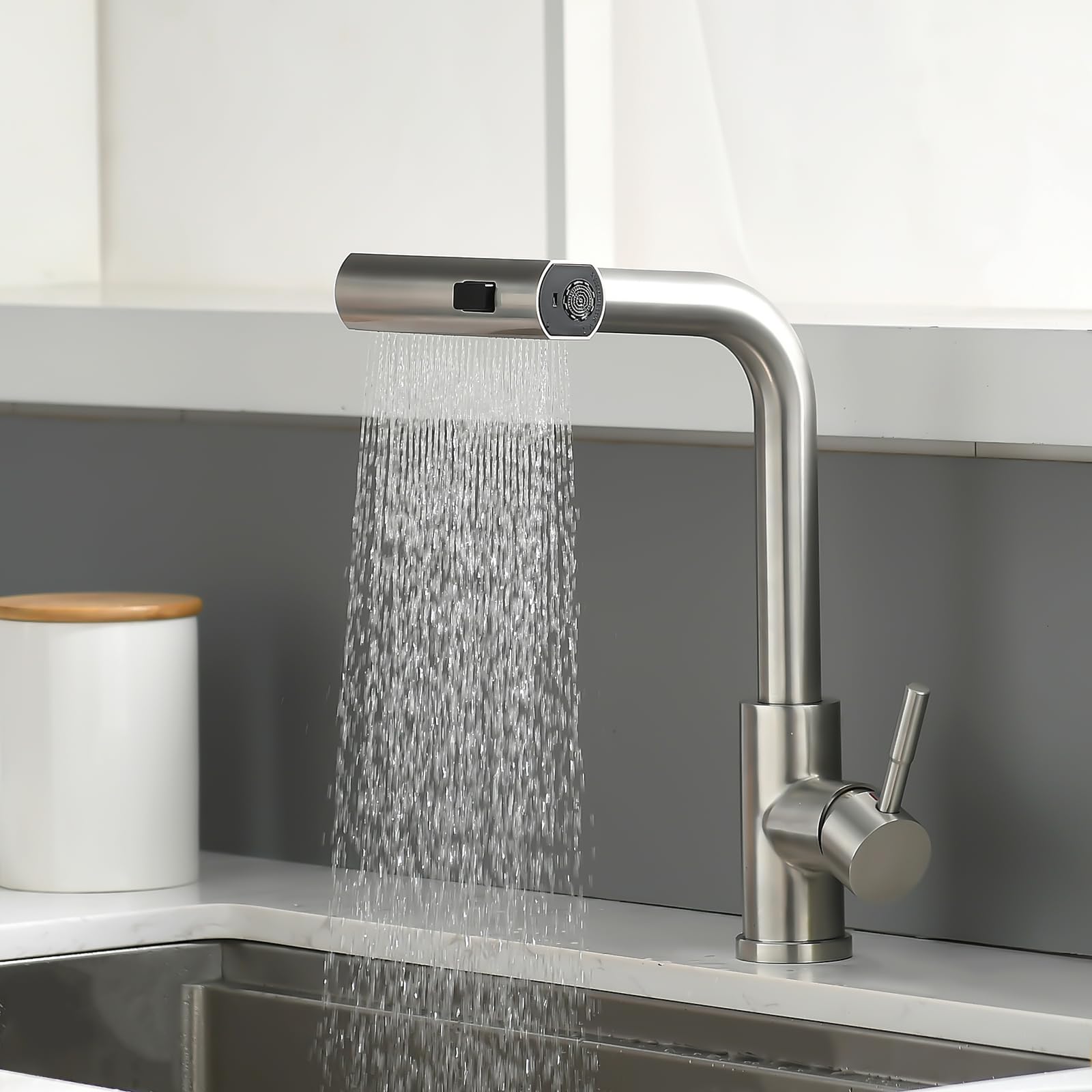 AIMADI Rubinetto Cucina con Doccetta Estraibile Tre Modalità di Getto d'Acqua Rubinetto Lavello Cucina Cascata a 3 Modalità Monocomando in Acciaio Inossidabile 304 Nichel Spazzolato