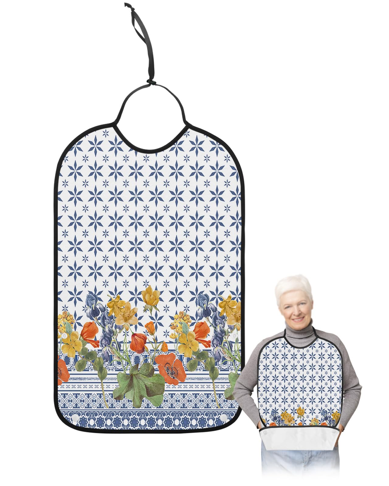 LEOKOTI Vintage Botanical Adult Bibs for Eating, Waterproof Bibs with Food Catcher & Snap Closure, Blue Geometric Yellow Red Spring Floral Washable Clothing Protectors Adult Bibs for Elderly