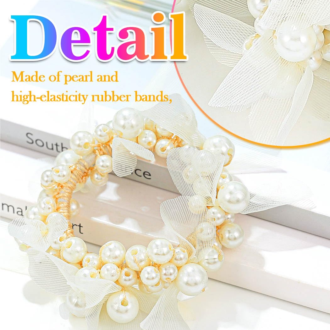 Reaky Pearl Hair Ties Beaded Hair Scrunchies Fancy Ponytail HoldersDecorative Hair Accessories for Women, 7cm /2.75 inches - Image 4