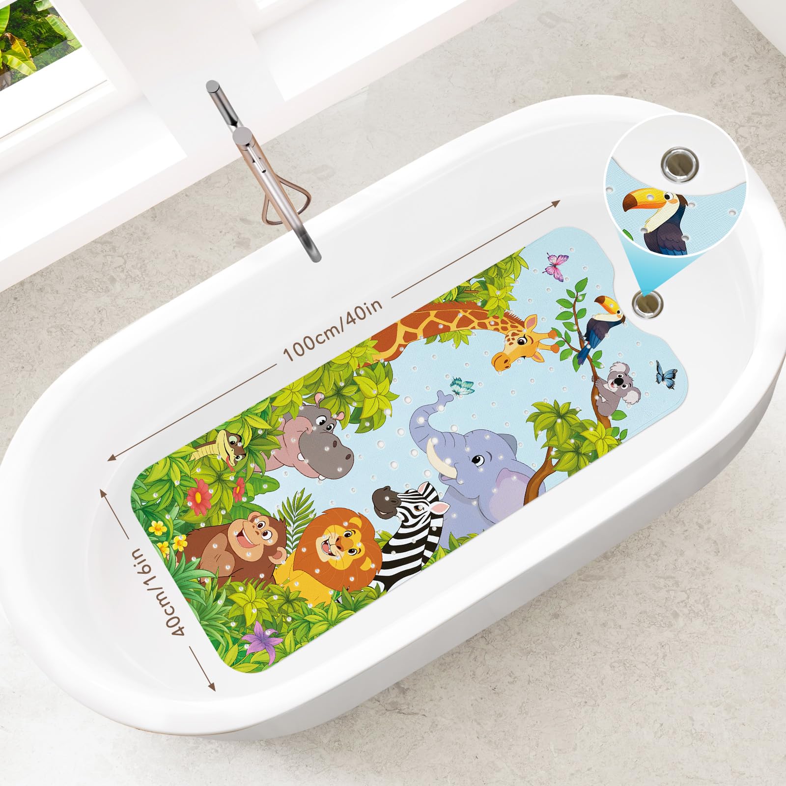 SHUCHING Tapis de Bain Antidérapant Enfant Animaux de la Jungle, Tapis Baignoire Antidérapant Bebe, Réssistant à la Moisissure et Lavable en Machine 100 x 40 cm
