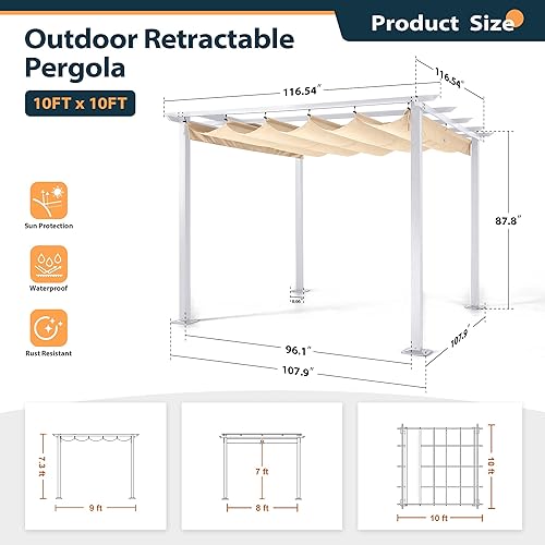 Miniatura 6 de HAPPATIO - Pérgola retráctil independiente de 10 x 10 pies para el aire libre con marco blanco para patios traseros, jardines, pérgola de patio con