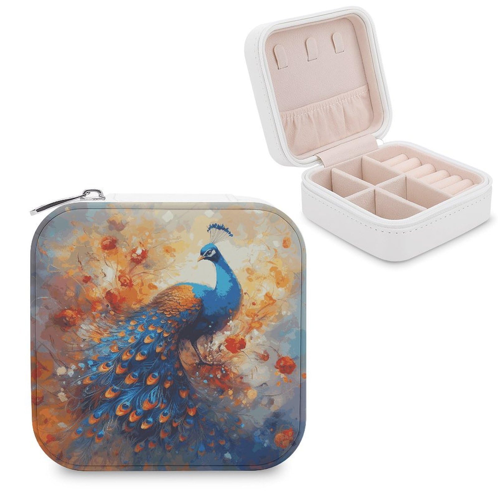 MUSM Peacock2 Travel Jewelry Case Personalized PU Leather Jewelry Boxes for Women Small Portable Jewelry Organizer Box Cute Trinket Box for Necklaces Rings Earrings & Gifts