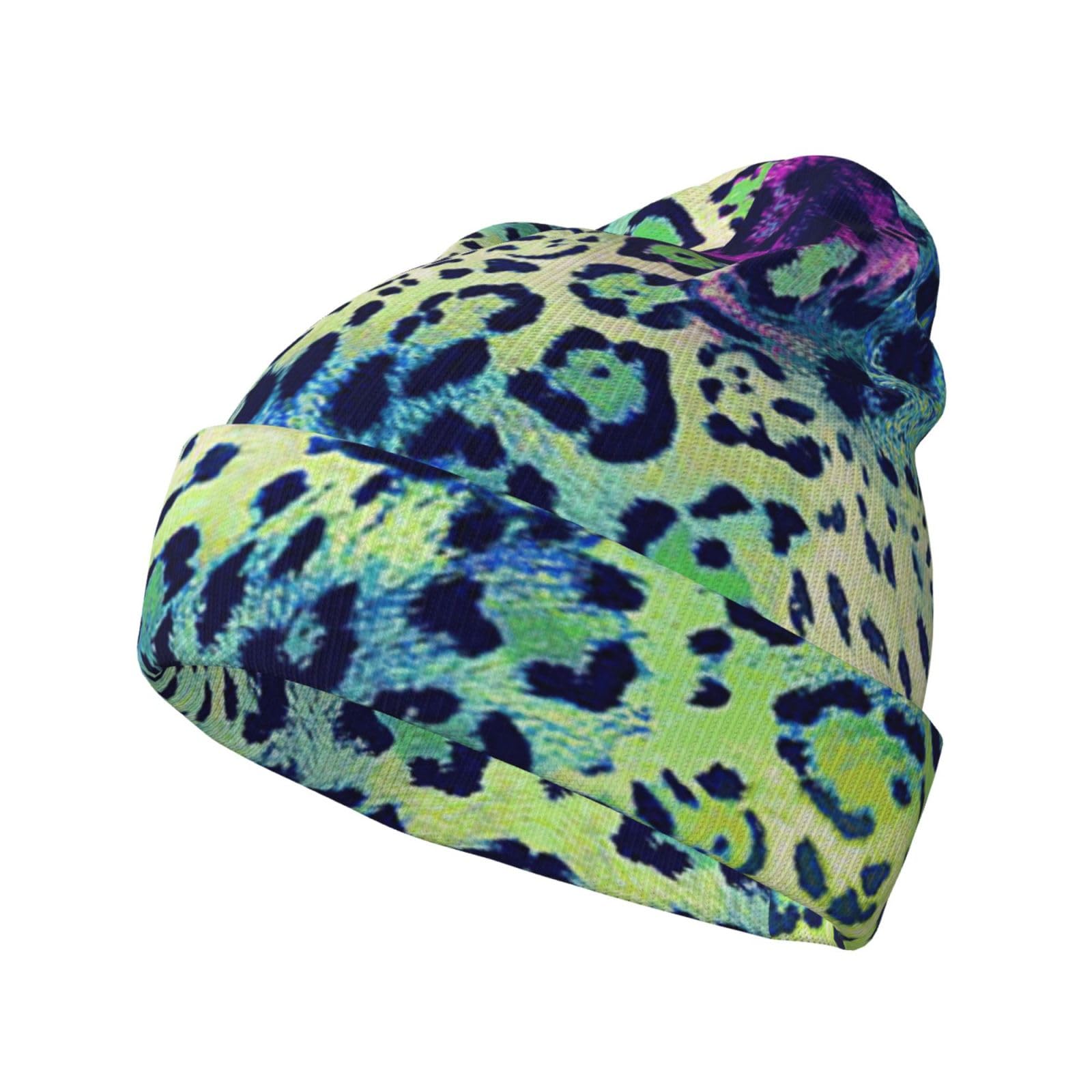 Cbaaghh Green Leopard Print Knitted Hat,Warm Stretch Knitted Beanies Hat Lightweight Slouchy Cap Headwear