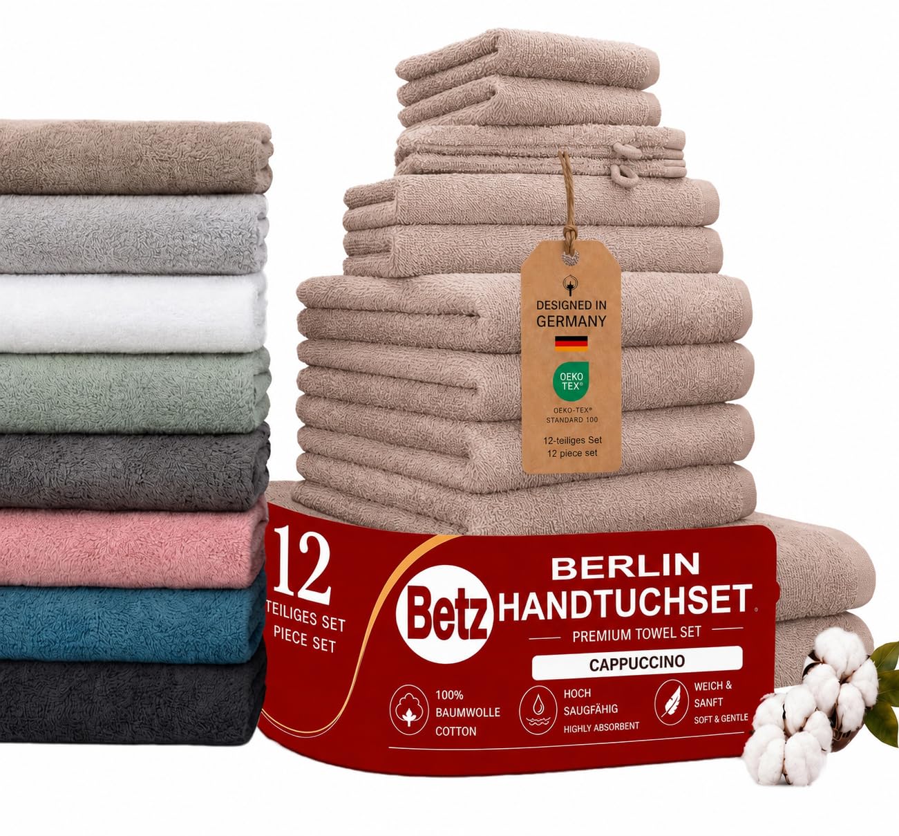 Betz 12 pezzi set di ascuigamani BERLIN 100% cotone Asciugamani da Doccia asciugamani Asciugamani per Ospiti Lavettes Guanti da Bagno Colore cappuccino - BERLIN