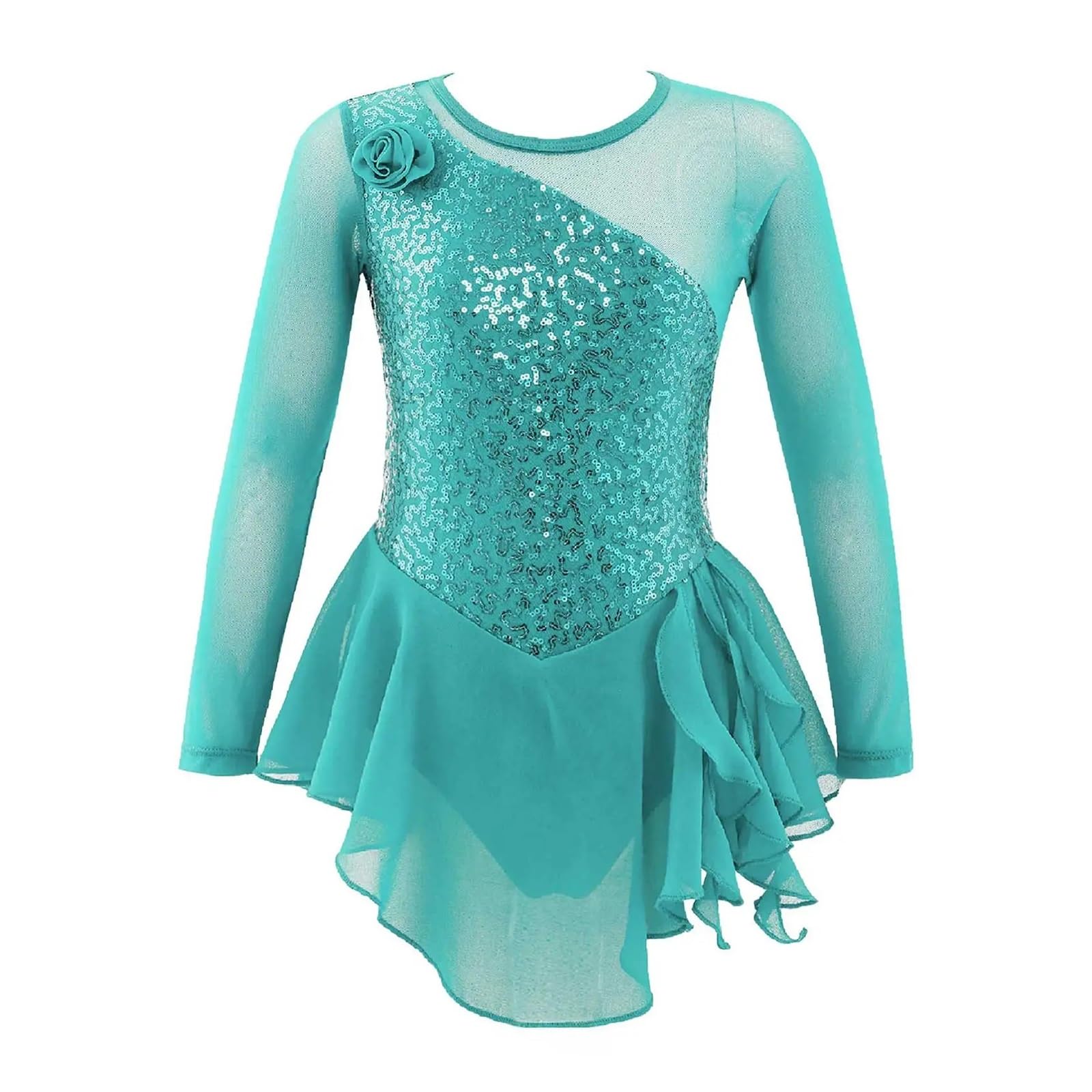 Maillot patinaje artistico Vestido de leotardo gimnástico con lentejuelas for niñas, traje de baile for niños, vestido de patinaje sobre hielo de manga larga de malla, Ropa de baile for actuaciones(Mi