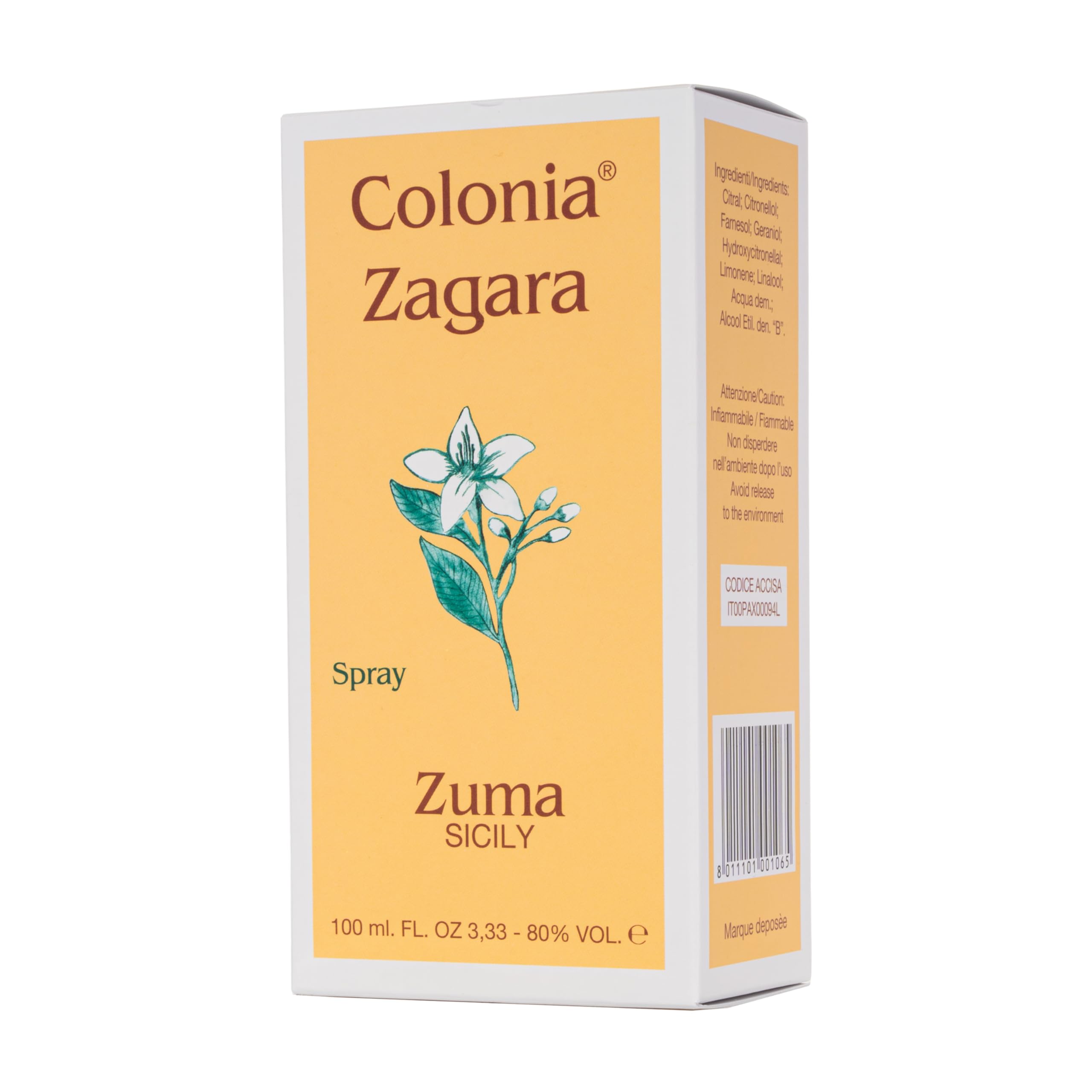 Profumi Zuma - Parfum Zagara Cologne Spray - La Fragrance Historique depuis 1943 qui Réveille la Fraîcheur de la Fleur d'Oranger Made in Sicily (Zagara Zuma 100 ml)