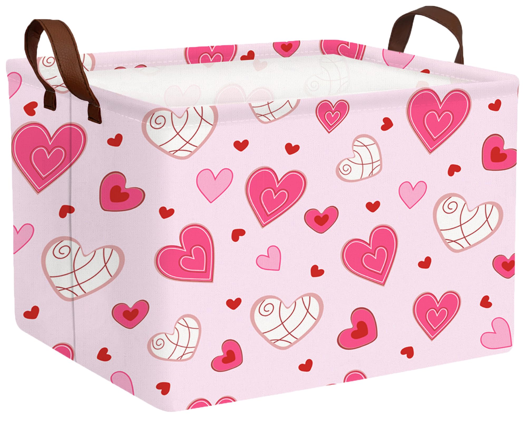 Large Valentine's Day Basket Heart Shaped Storage Bin for Gifts Collapsible Organizer Room Decor (Pink Bottom Lines White Love)