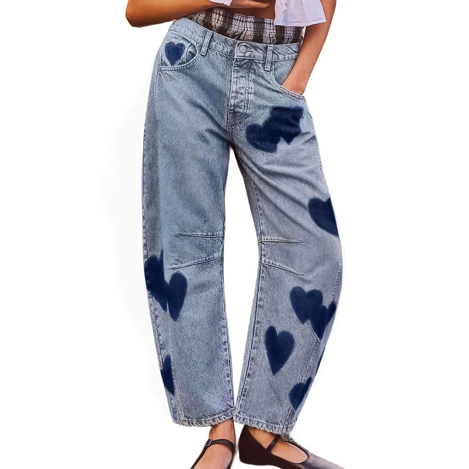 Women's Mid Rise Straight Leg Jeans Heart Print Denim Pants Jeans Trousers Baggy Jeans Pants Y2K Harajuku E-Girl Streetwear Vintage Casual Loose Straight Ankle Pants