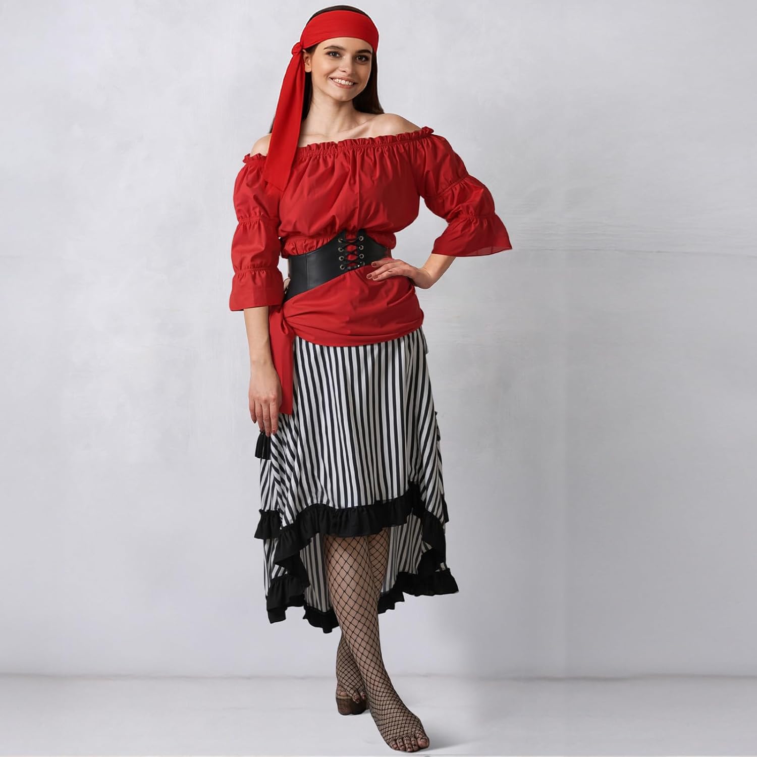 Suhine 6 Pcs Medieval Victorian Pirate Costume Women Renaissance High Low Skirt Blouse Viking Corset Belt Bandana Stockings