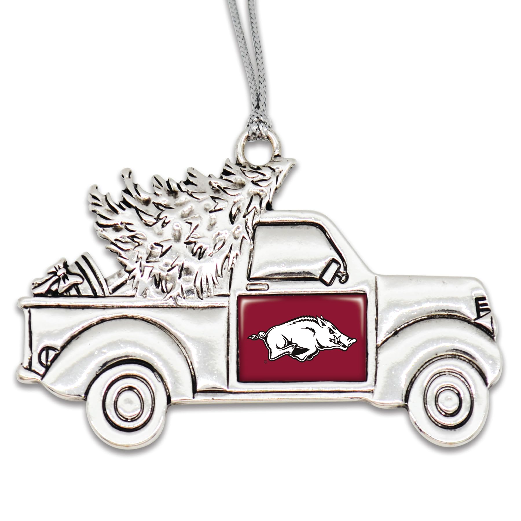 Arkansas Razorbacks Vintage Truck Ornament with Team Logo Silver Metal Tree Decoration