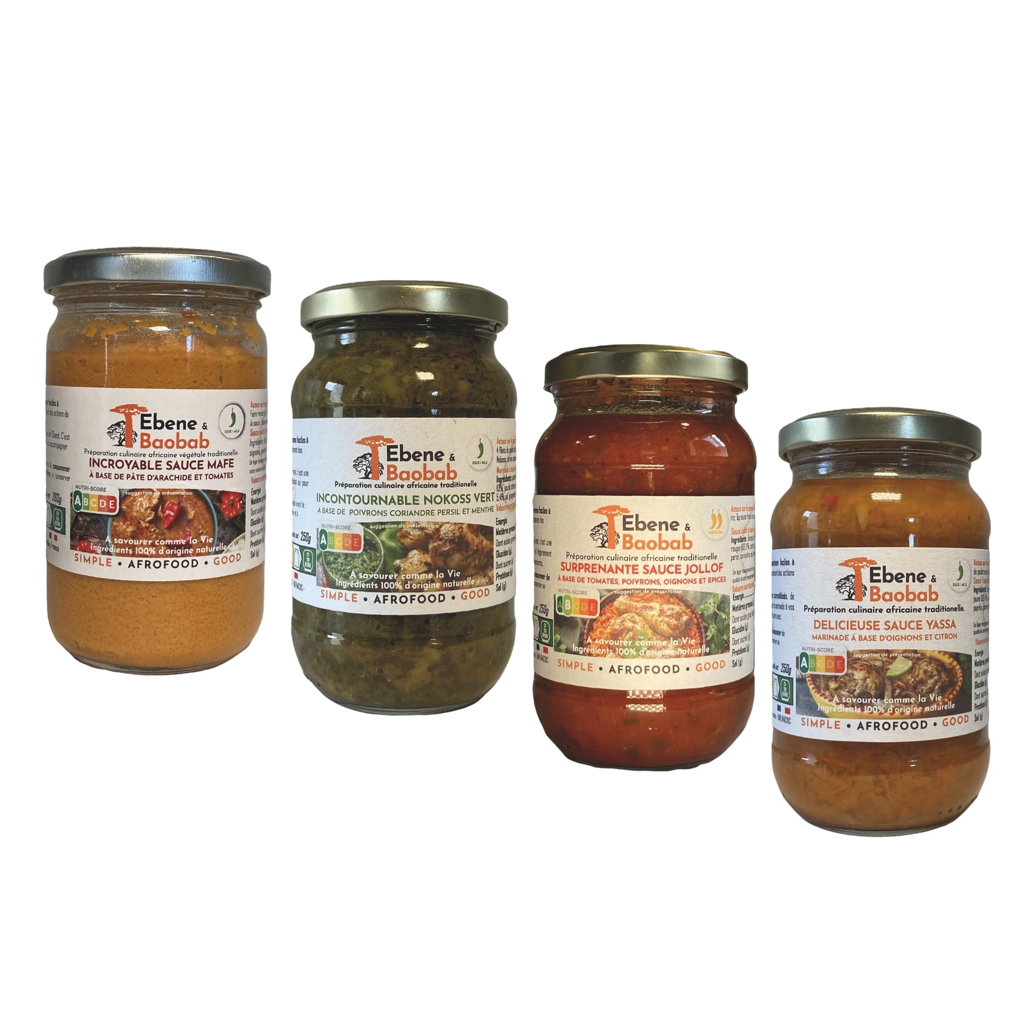 PACK SAUCES Yassa, Mafé, Nokoss ou Jollof Ebene&Baobab : un bocal de chaque recette africaine traditionnelle pour un voyage culinaire rapide et facile - cuisiné en France. Livraison offerte.