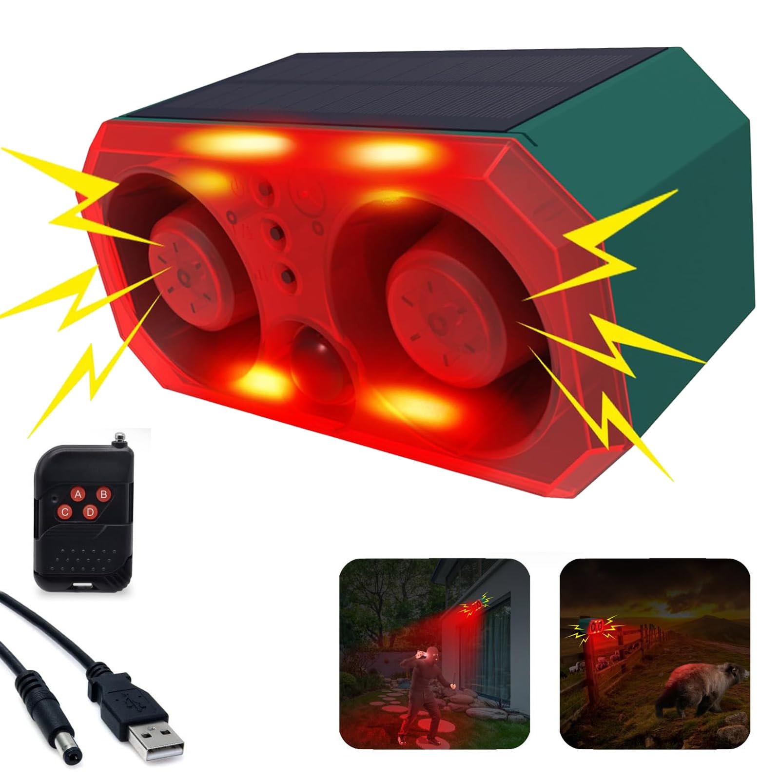 Sirena a energia solare per sensori di movimento da esterno, 130dB x 2 altoparlanti, 13 modalità sonore integrate Cani che abbaiano e spari , con telecomando per cortile, fattoria,
