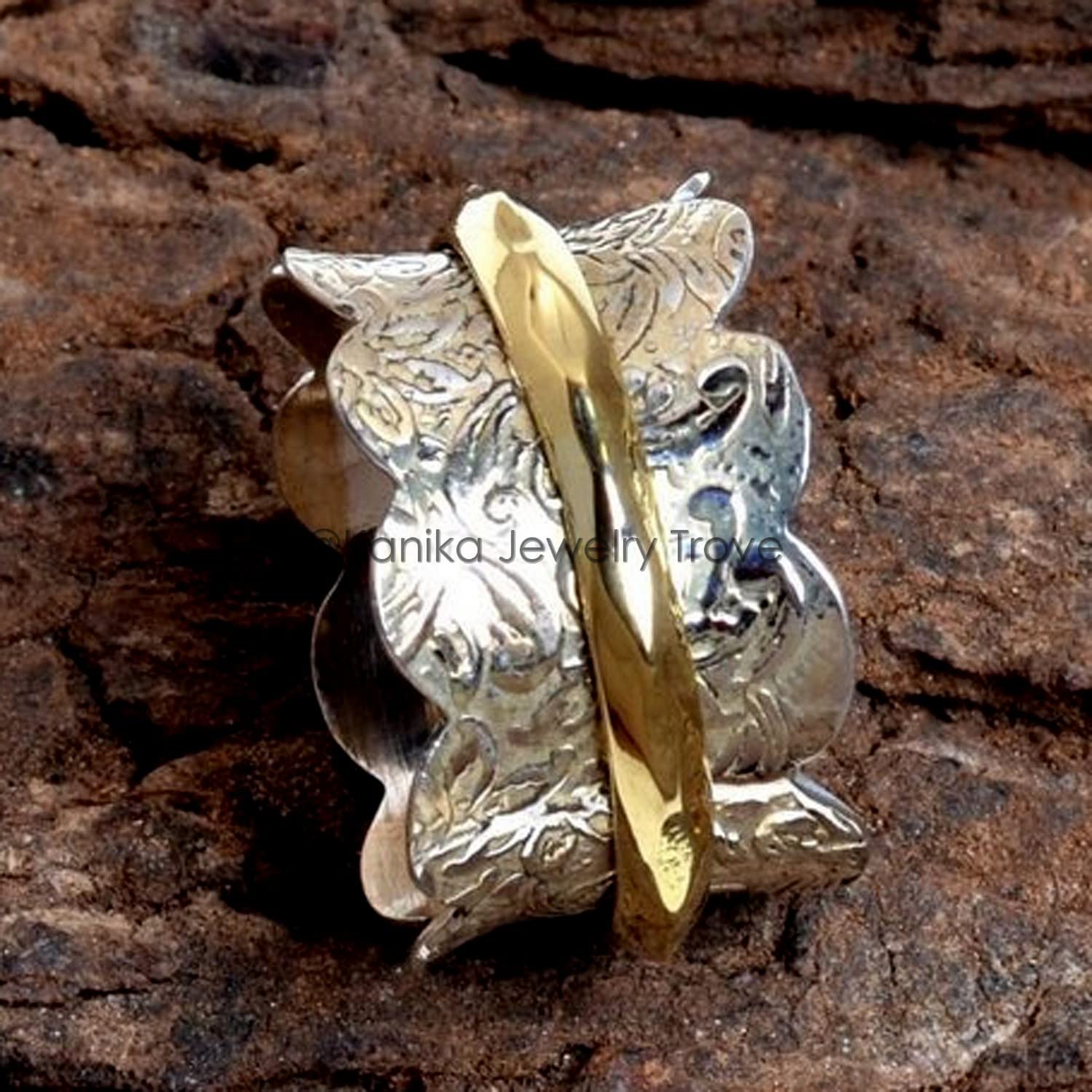 Blume Textur Spinner Ring 925 Sterling Silber Spinner Band Ringe für Frauen, Angst Ring für Meditation, Geschenk Ring für Muttertag (Größe 7)