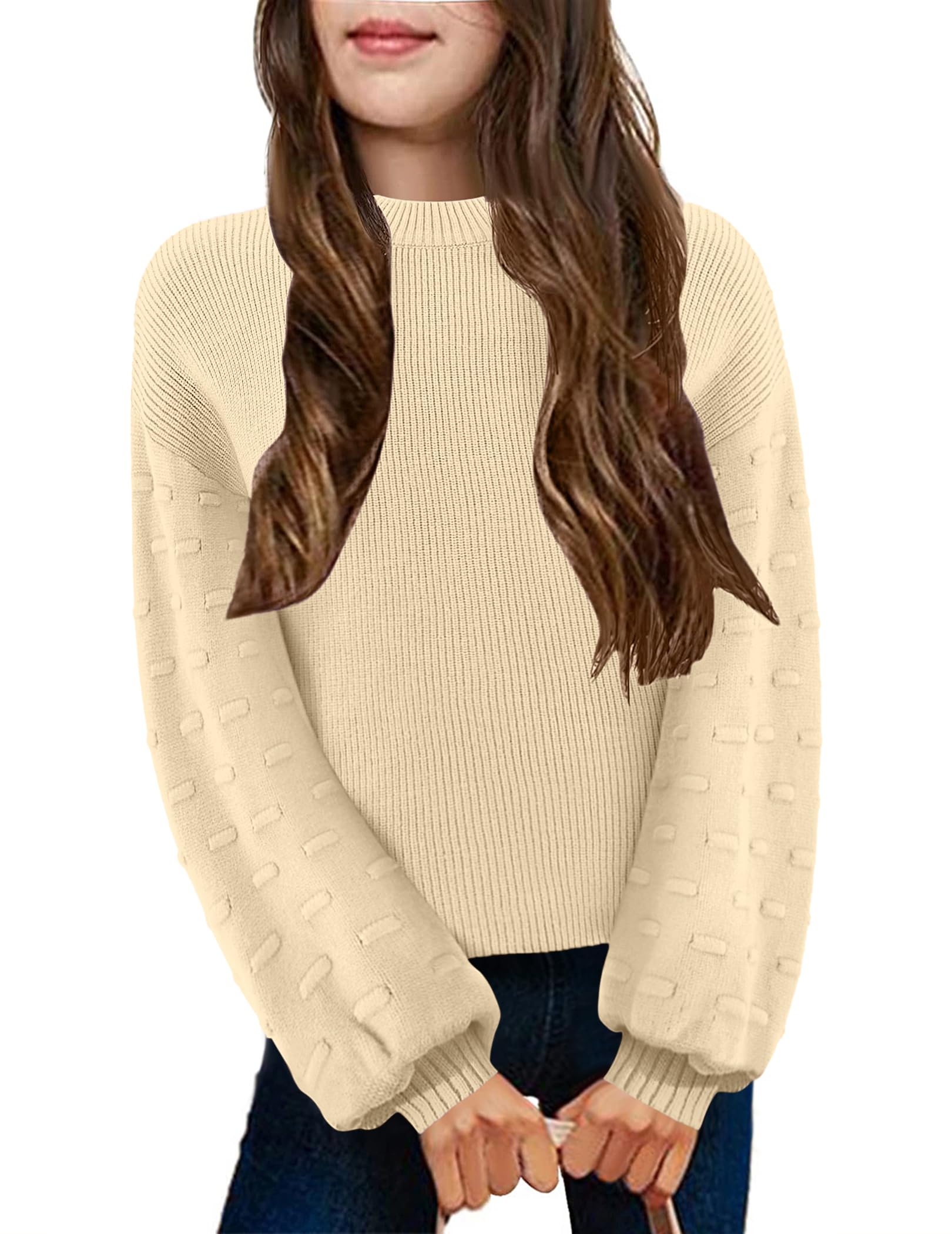 Arshiner Girls Crewneck Sweaters Chunky Lantern Sleeve Knit Jumper Tops Casual Drop Shoulder Pullover Outwear for 5-13 Years