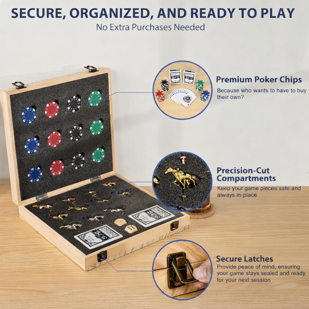 Horse Racing Board Game - 23"x12" - Derby Classic Horse Race Game with 11 Metal Horses - Foldable Wood Horse Game with Dice, Premium Chips & 2 Packs of Cards - Natural Wood