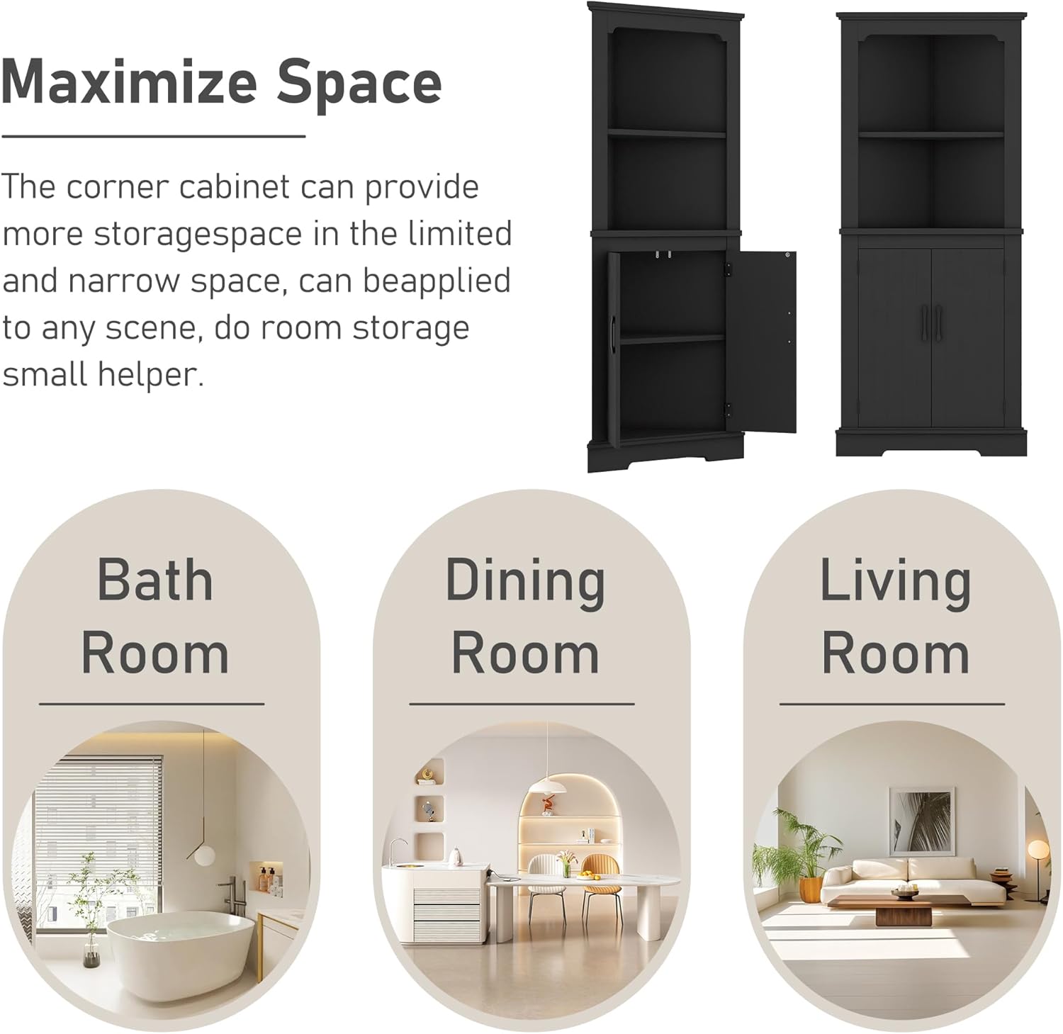 KEIKI 69.3" Corner Storage Cabinet with Round Edges, 2 Open Shelves and Door for Maximum Storage in Small Spaces, Stylish - Black