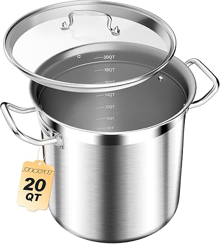Olla de acero inoxidable de 20 cuartos de galón con tapa de vidrio templado, base de 3 capas, 8.8 libras, acabado pulido, adecuada para estufa y