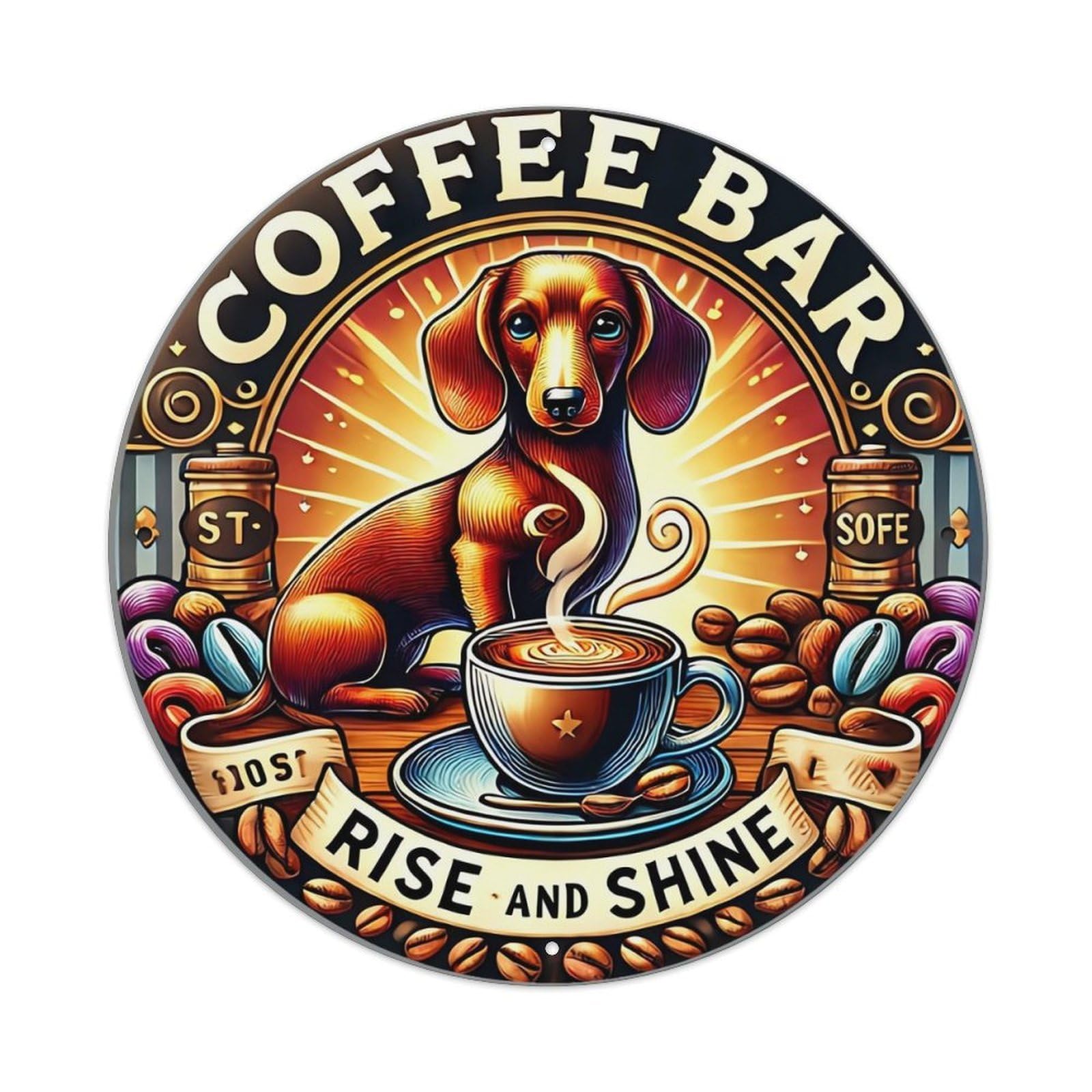 Coffee Bar Dog Cup Beans Retro Metal Sign Round Tin Sign, Vintage Decor Art Poster for Bar, Home, Man Cave, Kitchen, Laundry Room Gift 8x8Inch