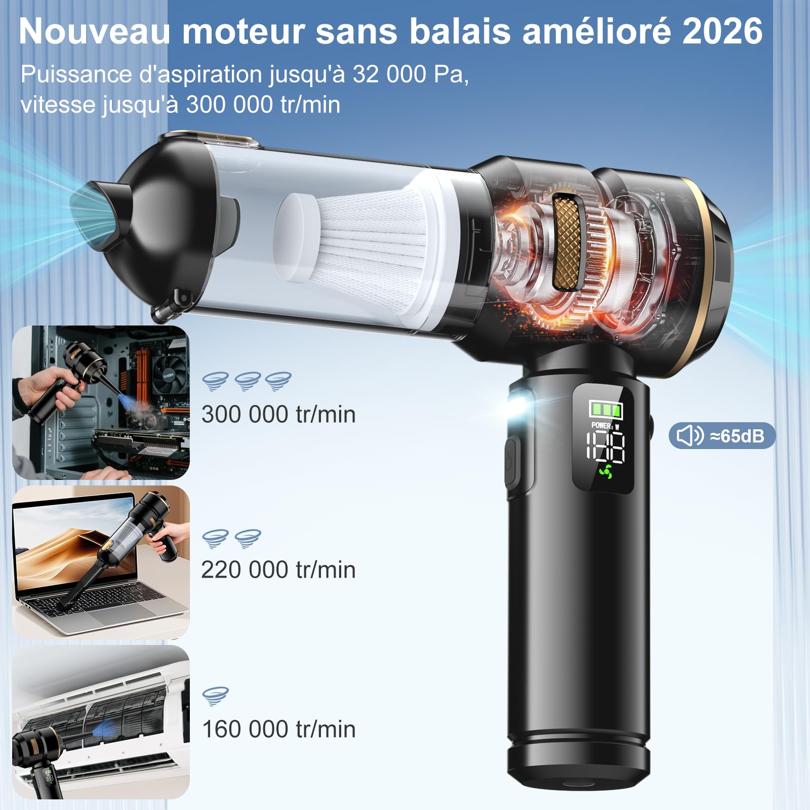 Aspirateur à Main, Aspirateur à main sans fil 4 en 1, 32000 Pa puissant aspirateur de voiture, avec écran LCD, moteur sans balais et 3 vitesses 300 000 tr/min pour voiture, bureau et poils d'animaux