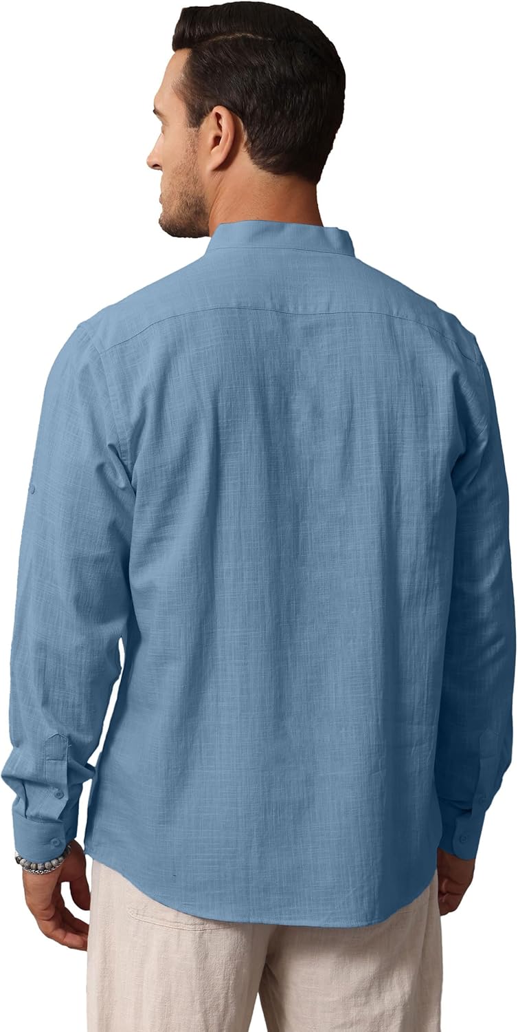Cotton Linen Shirts for Men Lightweight Casual Long Sleeve Henley Beach Hawaiian Tops - Image 3