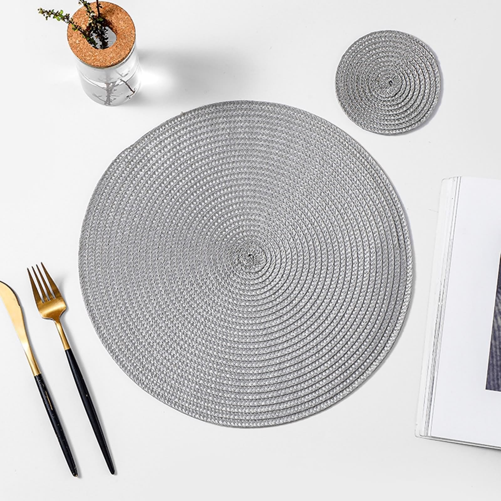 Platzdeckchen Vintage Landhausstil 6er Set, Platzsets Landhausstil 34cm Einfarbiges Hohlgewebe Polypropylen Silber Grau