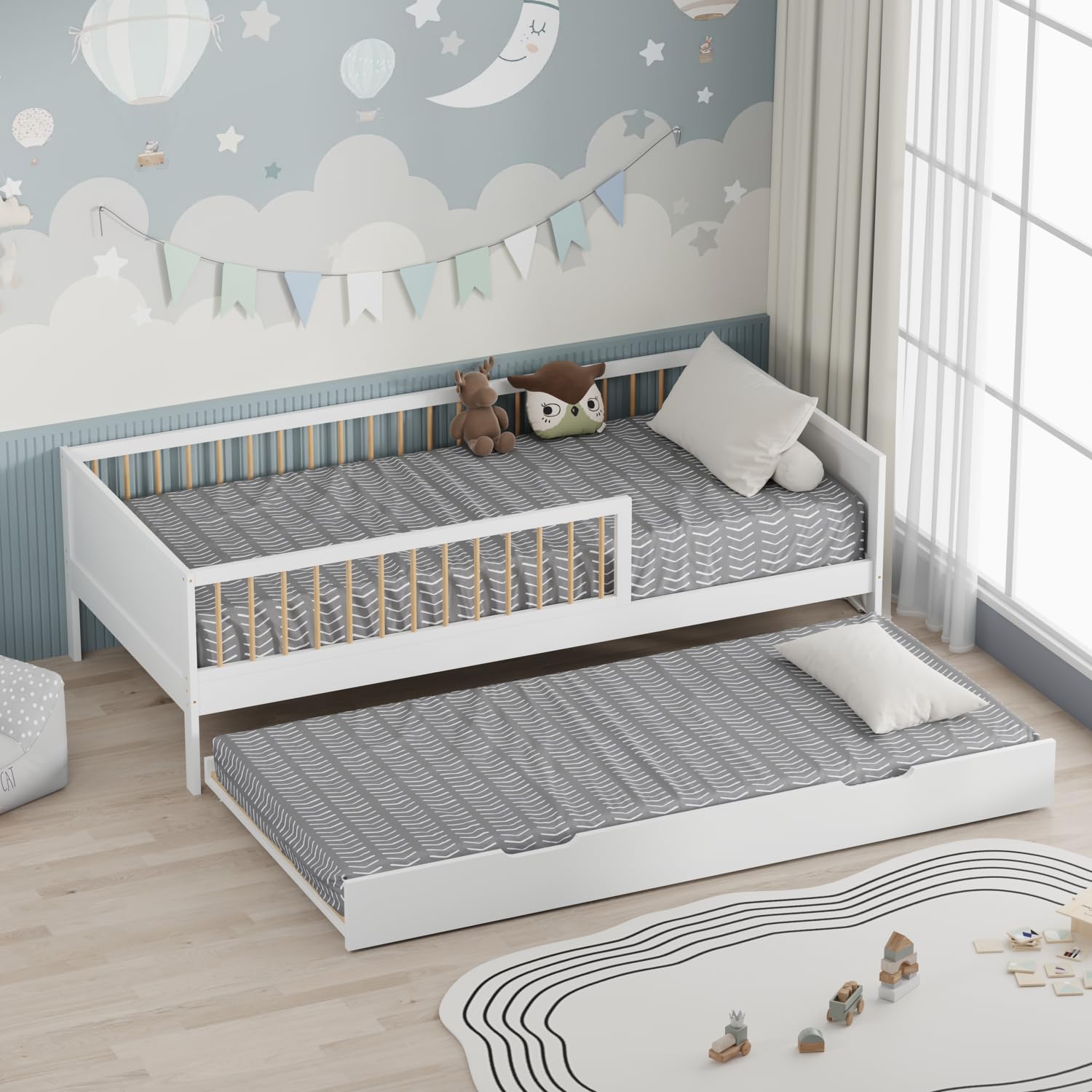 Happy Garden - Cama nido de madera, color blanco Adam, cama adicional con somier de láminas, almacenamiento bajo somier principal