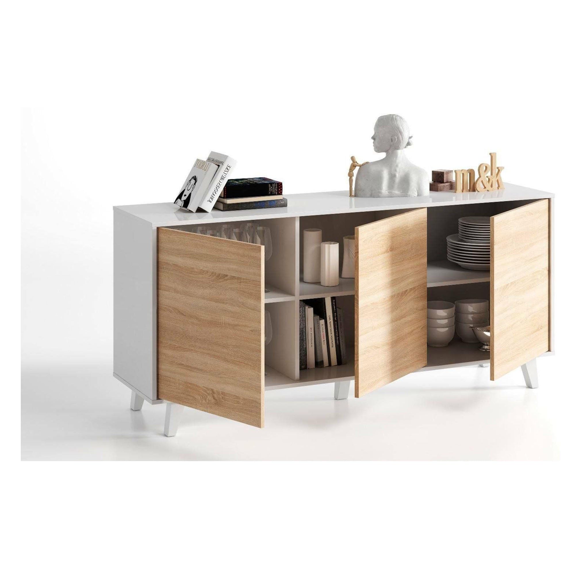 Dmora - Credenza Arvada, Madia moderna a 3 ante e ripiani, Buffet da cucina, Buffet di design da soggiorno, 154x40h75 cm, Bianco e Rovere