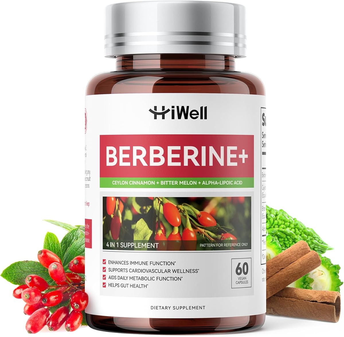 HiWell Berberine with Ceylon Cinnamon | Support Blood Sugar, Cholesterol Health & Immune* | Gluten-Free, Non-GMO & Vegan Berberine Supplement | 60 Capsules