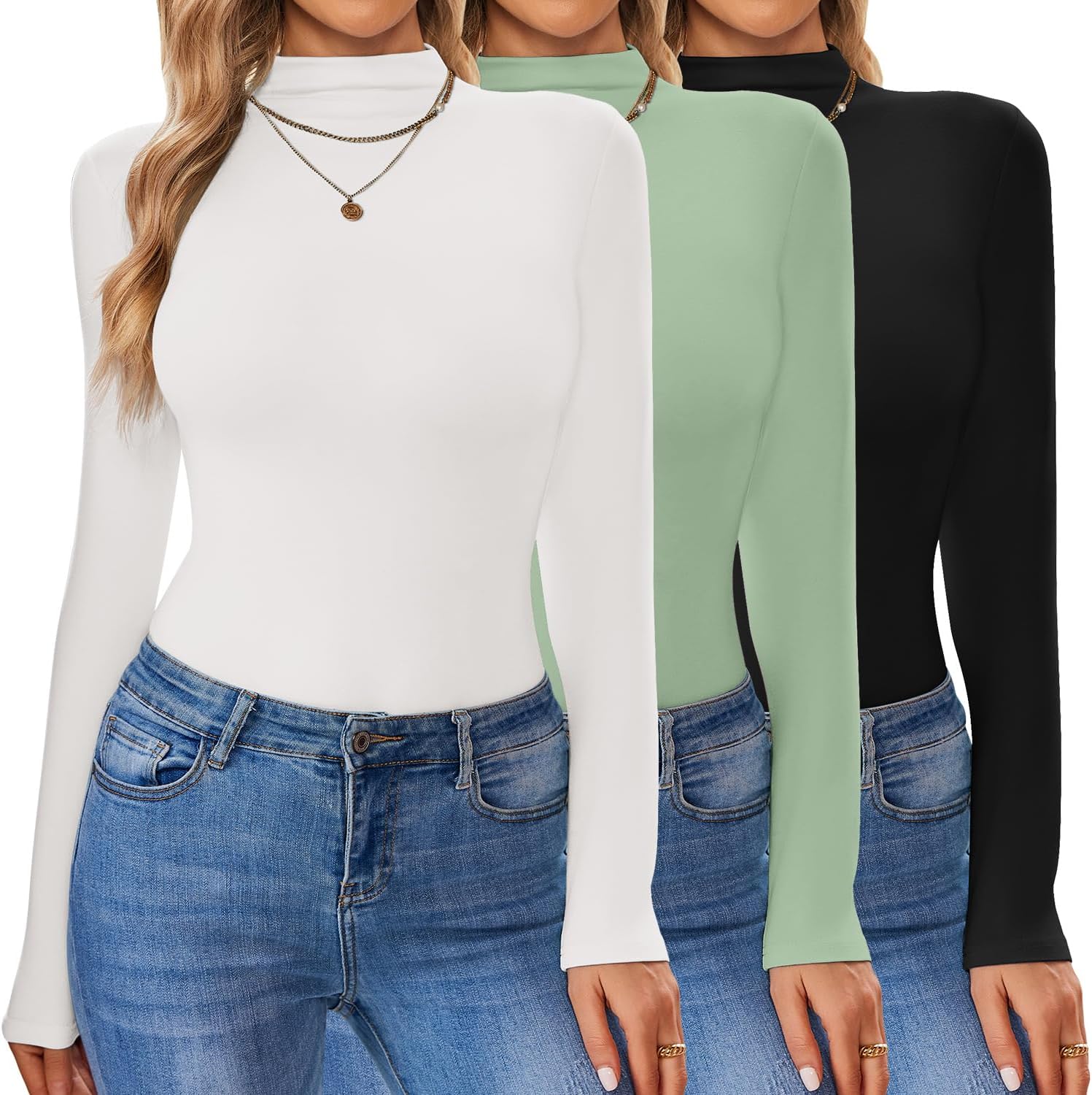 Ekouaer 3 Pack Turtleneck Shirt Women Long Sleeve Mock Neck Slim Fit Tops Winter Thermal Base Layer Soft Stretch Undershirts