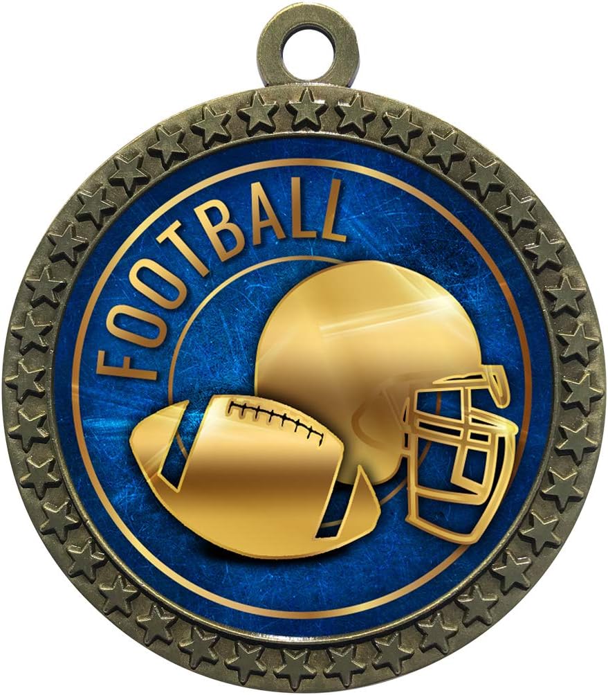 10 Pack of Football Gold 2.25 Inch Medals Trophy Awards with Red White Blue Neck Ribbons D212G-EG28-10PK