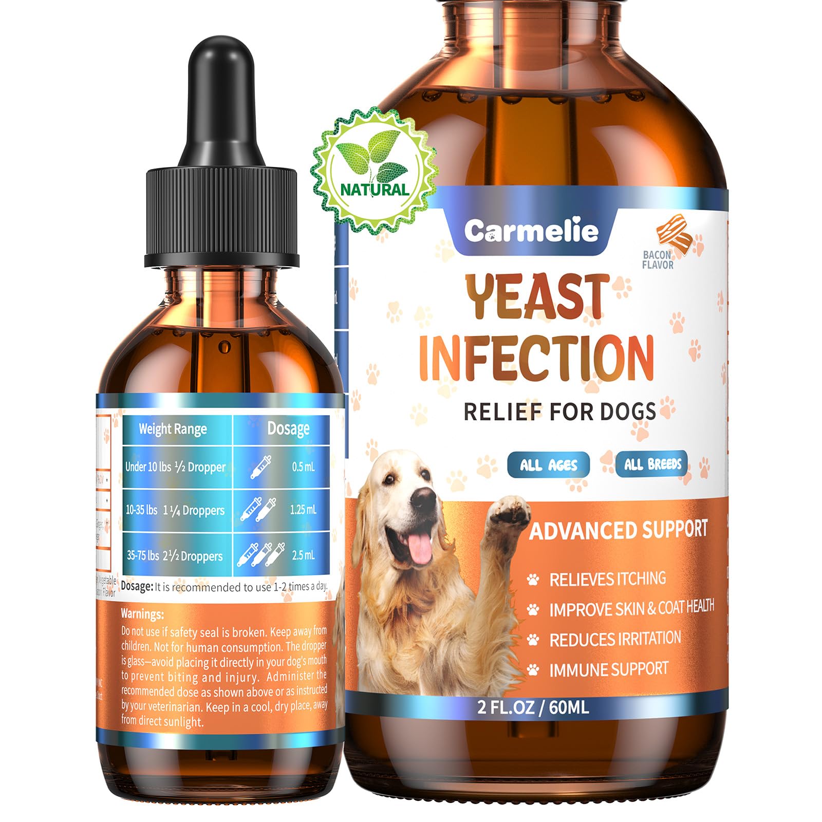 Natural Yeast Relief for Dogs, Support Healthy Itch Relief, Ear Paw Discomfort Care, Itch Relief for Dog, Allergy Supports, Inflammation Relief for Dogs, 60ml Bacon Flavor