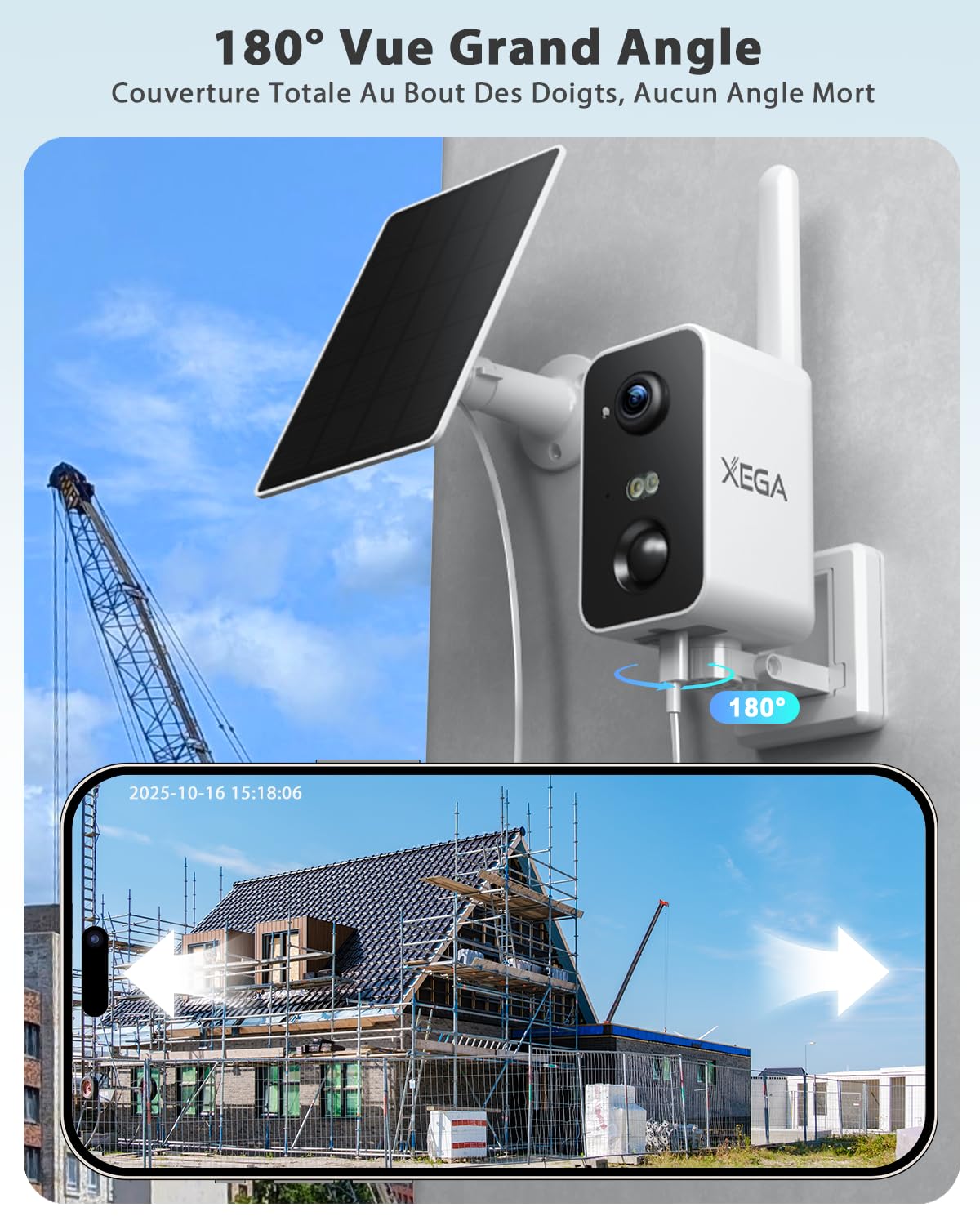 Xega Caméra 4G Solaire, SIM, Vision Nocturne Couleur, sans WiFi, Pan 180°