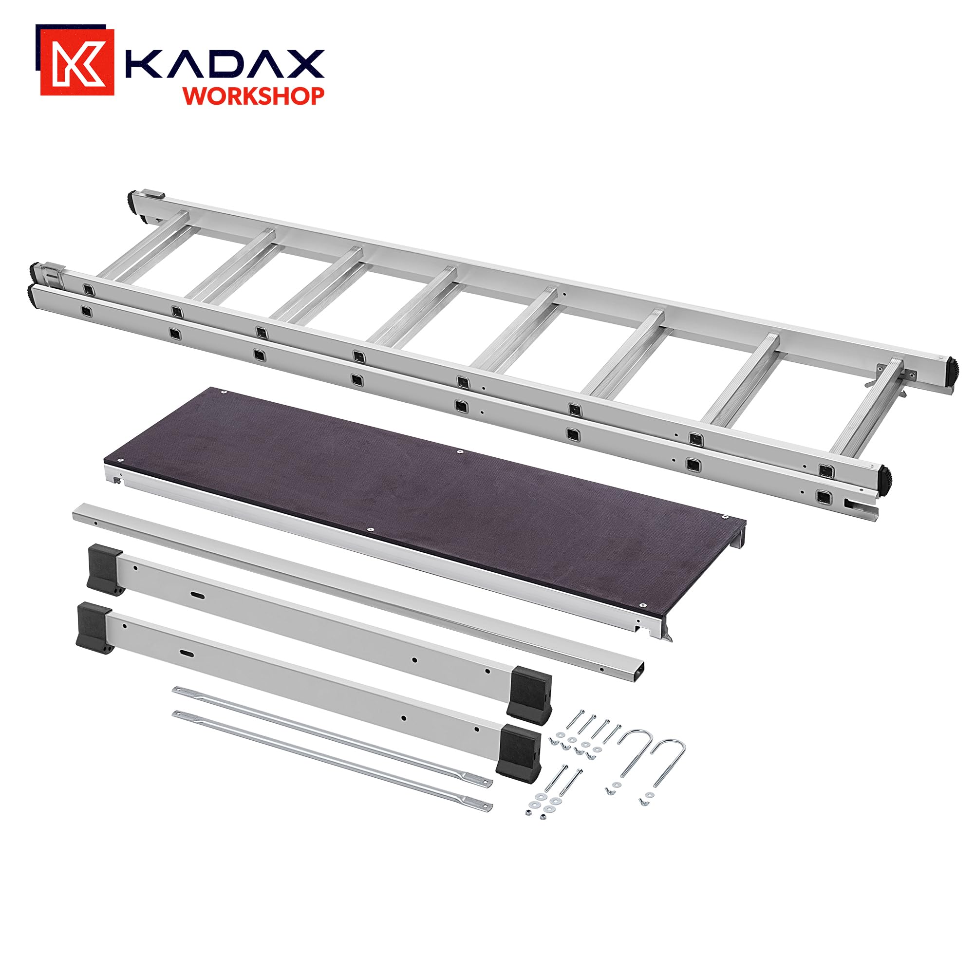 KADAX Andamio Aluminio 16 peldanos | 114x214cm | Plataforma Antideslizante | Escalera Plegable Multiusos | hasta 150kg