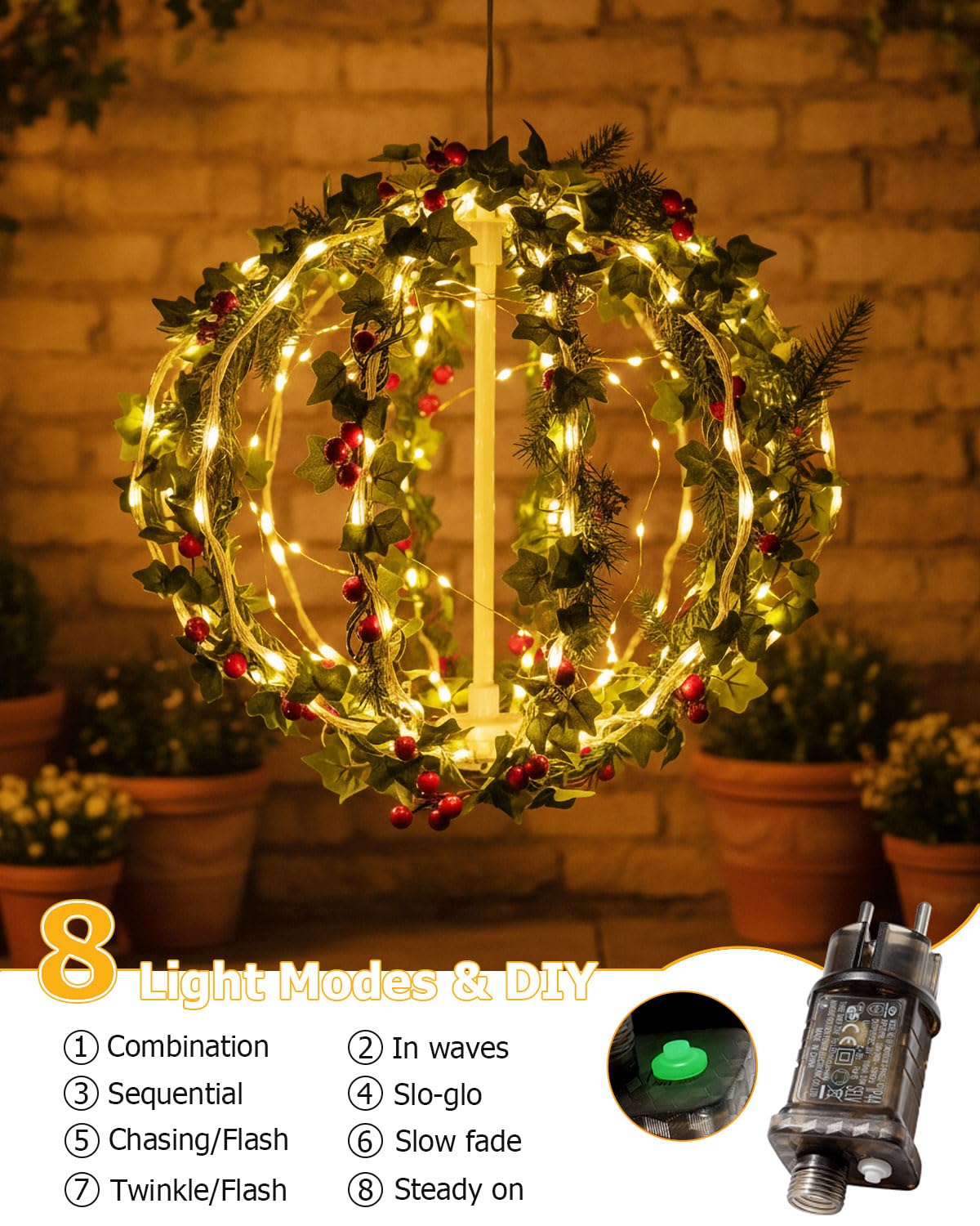 Ollny Kerstboom lichtketting 1,8 m 202 LEDs kerstverlichting buiten met 8 modi, IP44 waterdichte kerstboom kunstmatige zwarte kabel incl. mast en winddichte spijkers (warmwit