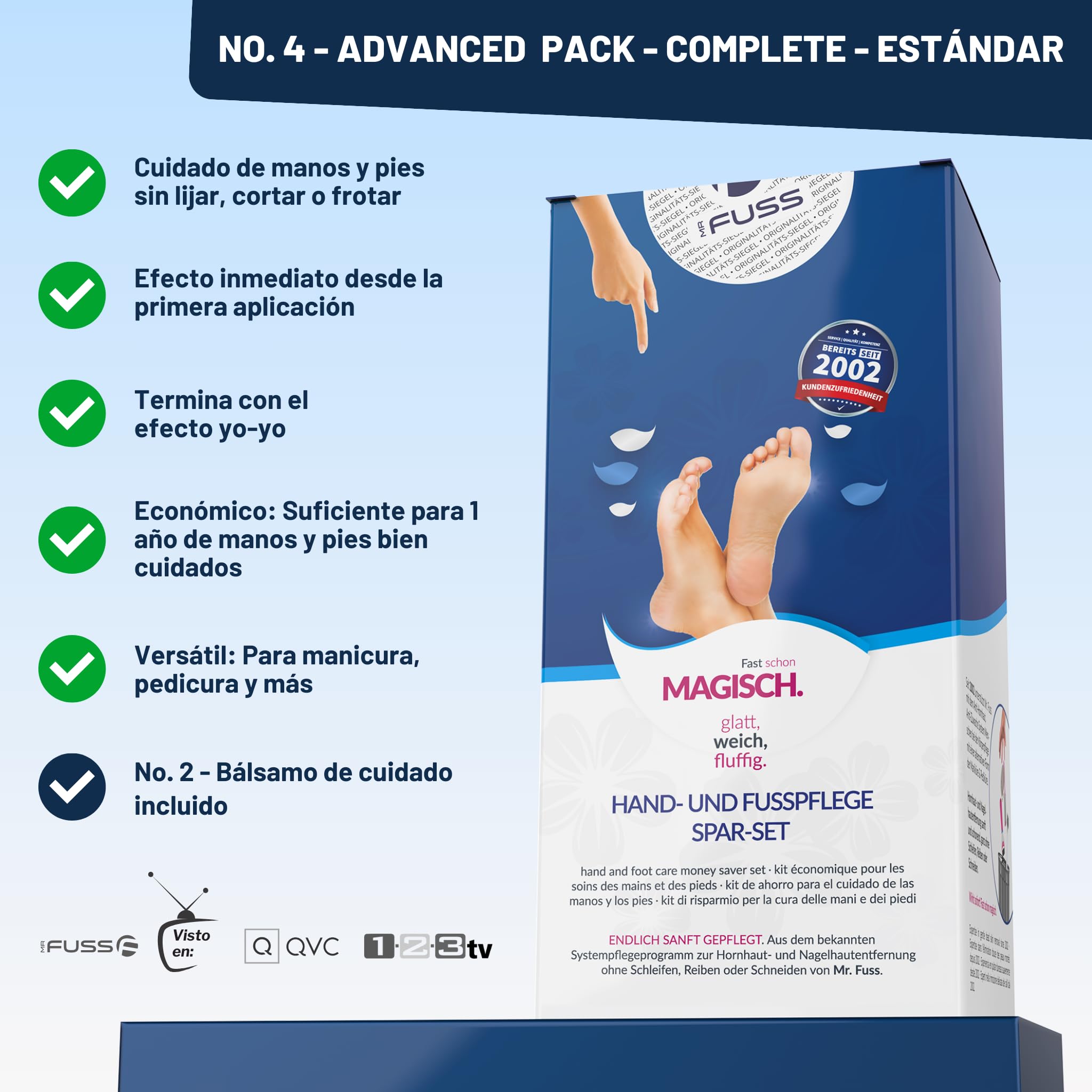 Mr. Fuss Removedor de Callos Solution No. 4 Advanced Pack Steel Quitar las Durezas Sin Raspar ni Frotar Paquete de Sistema de 4 Partes para la Eliminación de Callosidad y Cutícula