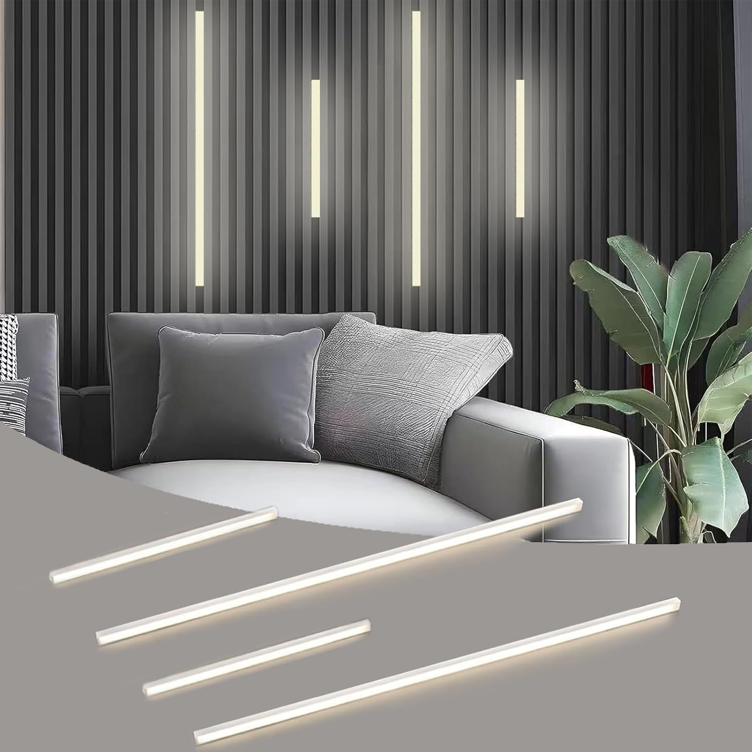 Besseto LED Wall Panel Light,Wood Slat Wall Panel LED Strip Light,3000K Touchable Switch Dimmable LED Aluminum Channel Light for Living Room Bedroom Bathroom Stairs (Silver-4PCS)