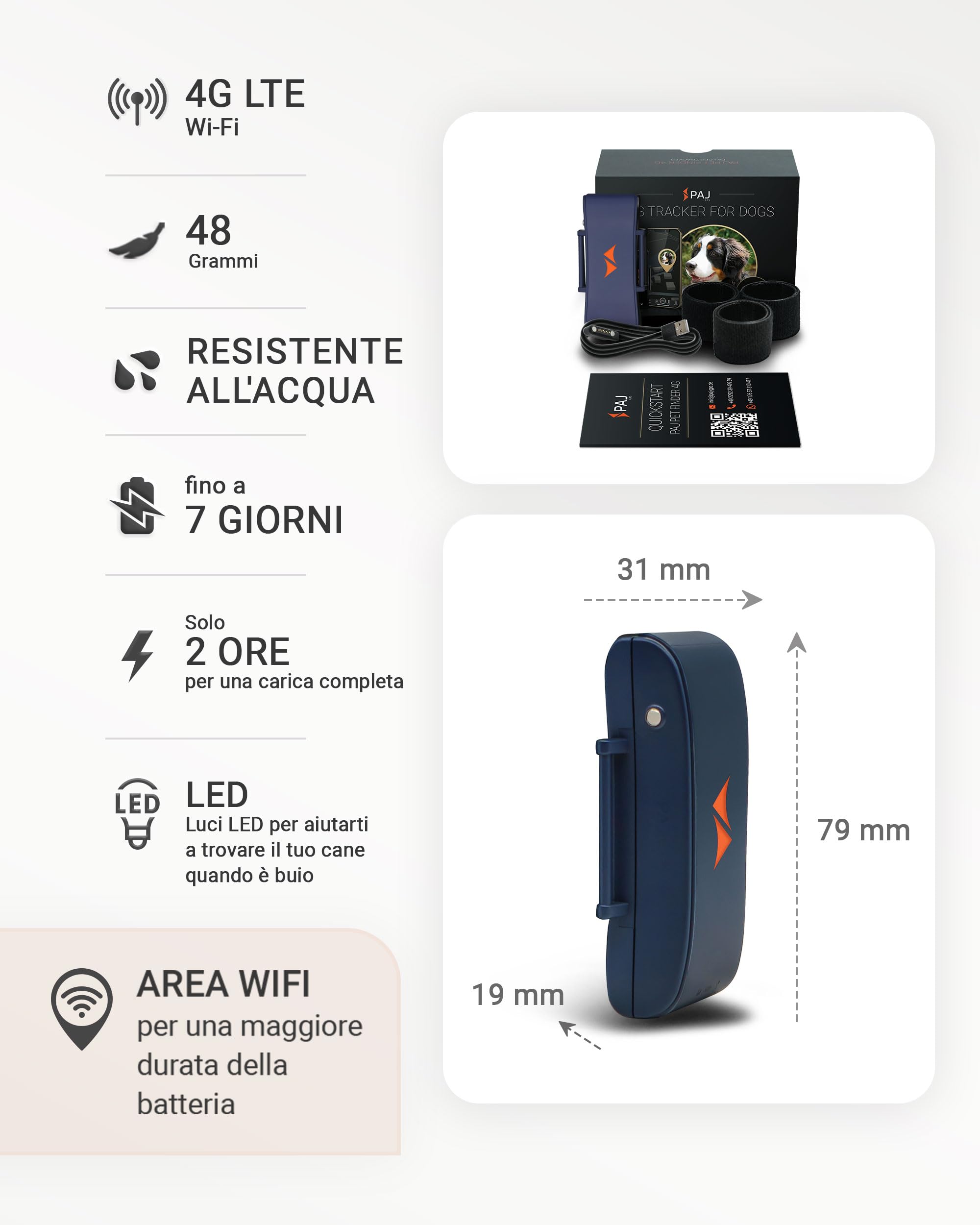 PAJ GPS - Tracker per Cani, Allarme di Fuga + Risparmio Energetico in Prossimità Router WiFi - Segnali Acustici - Luci LED - Resistente All'acqua al 100% - Adatto a Tutti i collari, Blu Notte