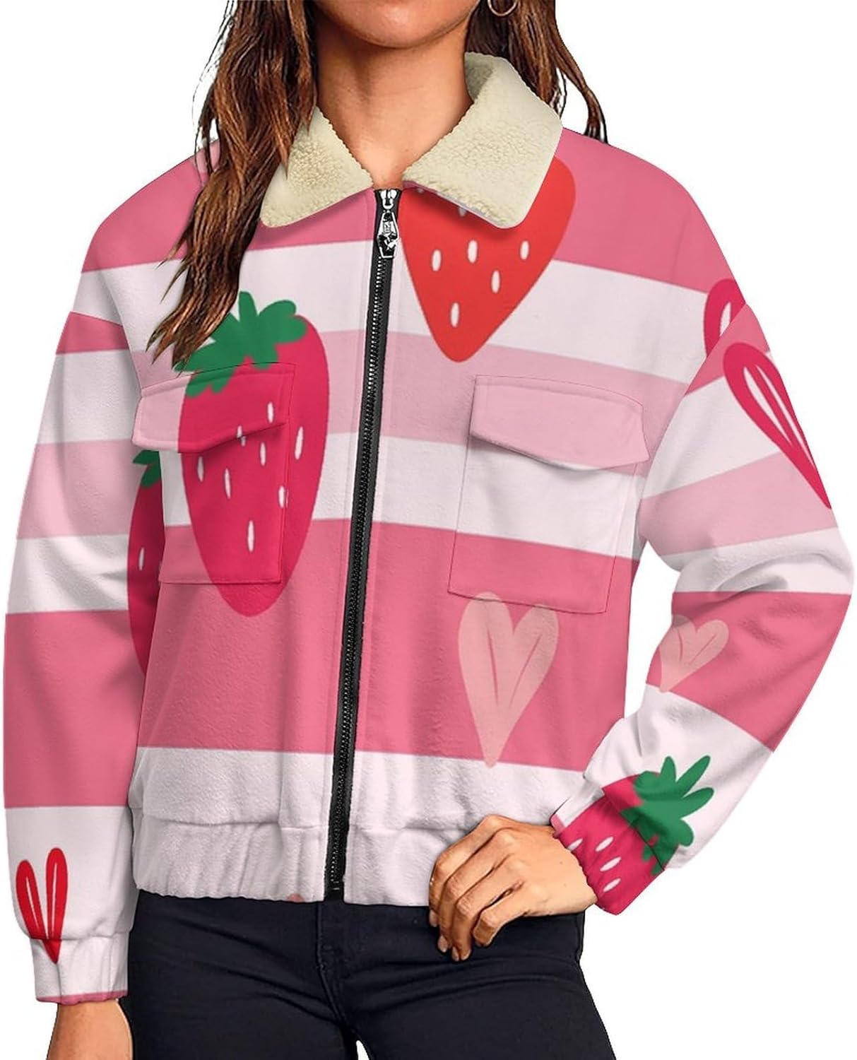Women Winter Sherpa Lined Fleece Jacket, Long Sleeve Zip Up Strawberry Heart Cropped Coats Warm Soft Polar Outwear